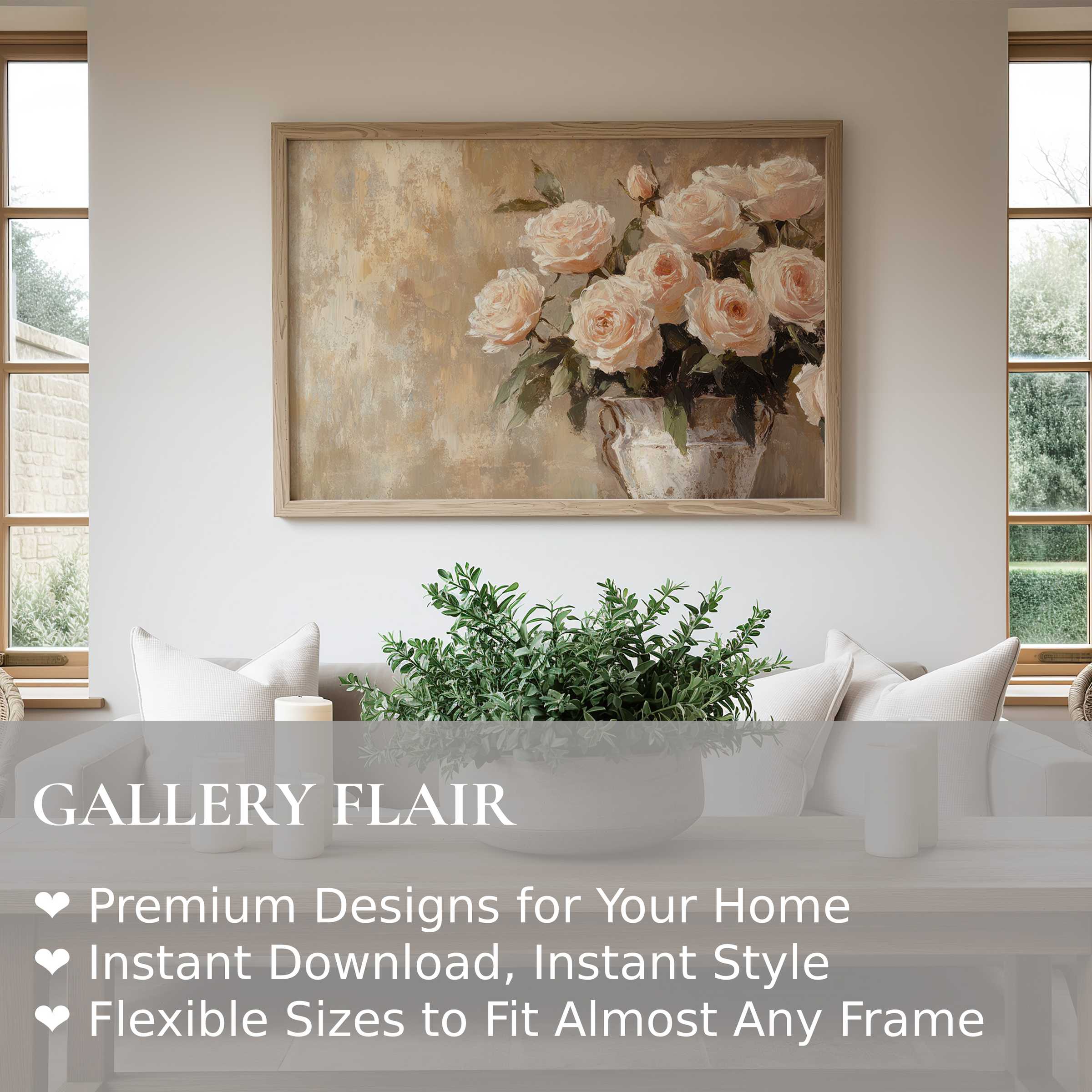 Elegant floral wall art print featuring soft blush roses in a vintage vase, enhancing serene modern farmhouse interiors with timeless charm