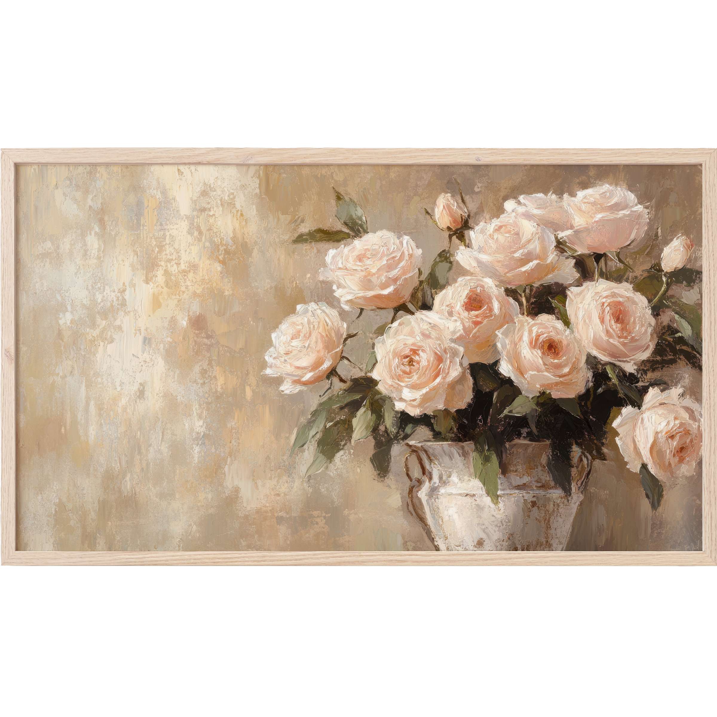 Floral Frame TV Art with soft blush roses in rustic vase, textured beige background, elegant and timeless design