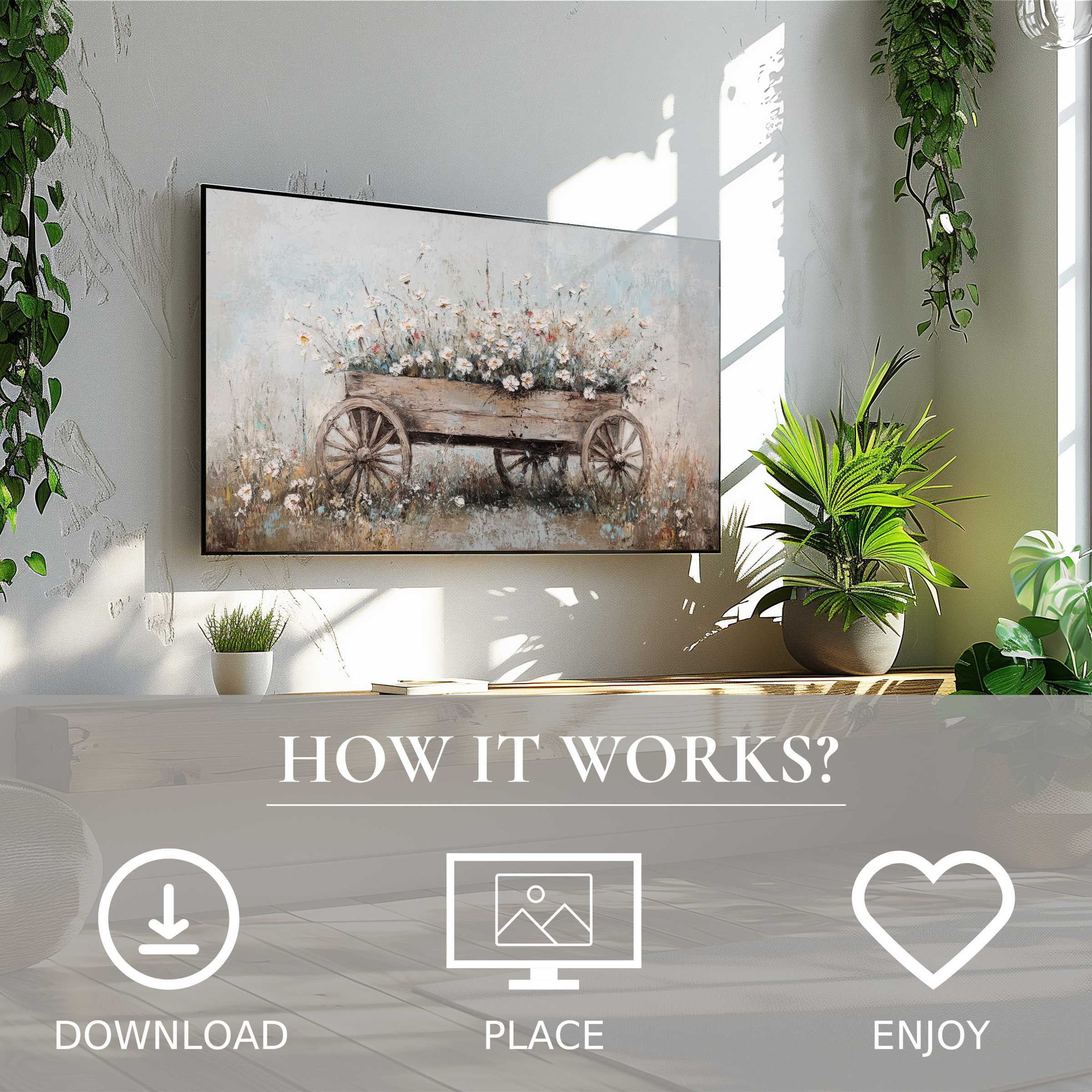 Farmhouse art for Samsung TV shows soft, vintage wagon tones; easy digital download enriches modern living spaces