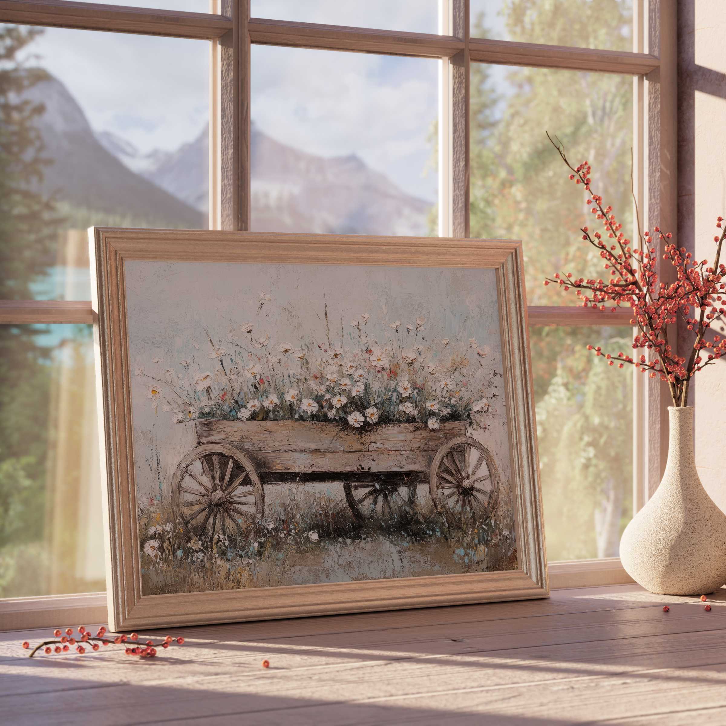 Farmhouse downloadable art captures serene rustic charm with delicate wildflowers in a vintage cart, elevating refined, tranquil interiors