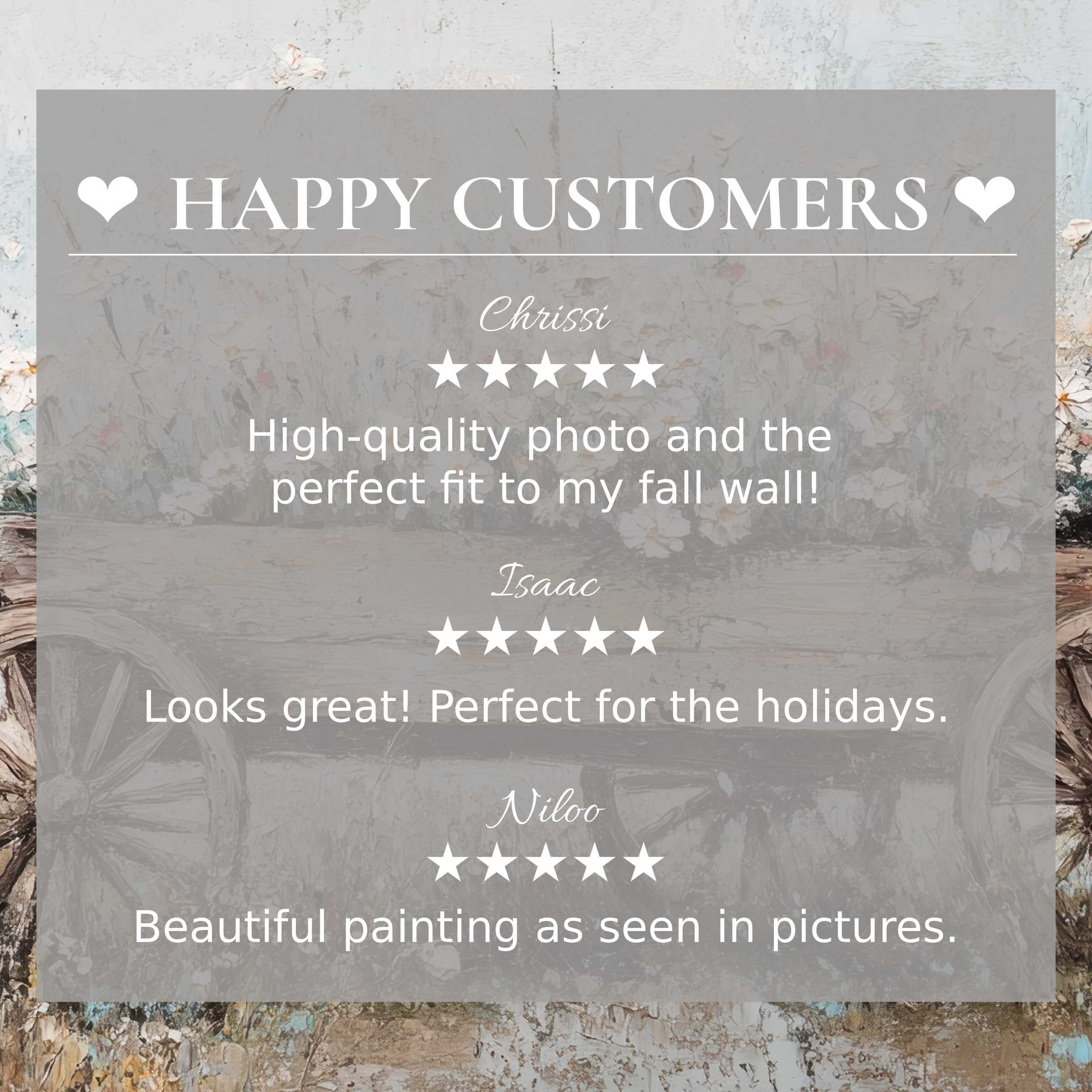 Farmhouse art for Frame TV with abstract muted earth tones; layout highlights happy customer reviews and refined aesthetic