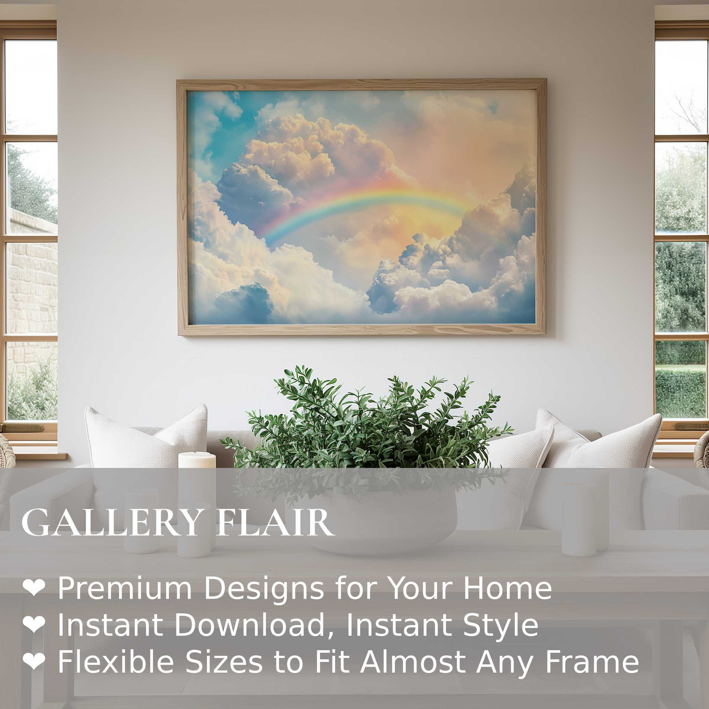 Radiant nursery wall art print with a serene rainbow and clouds, enhancing modern, calming nursery or kid’s room decor