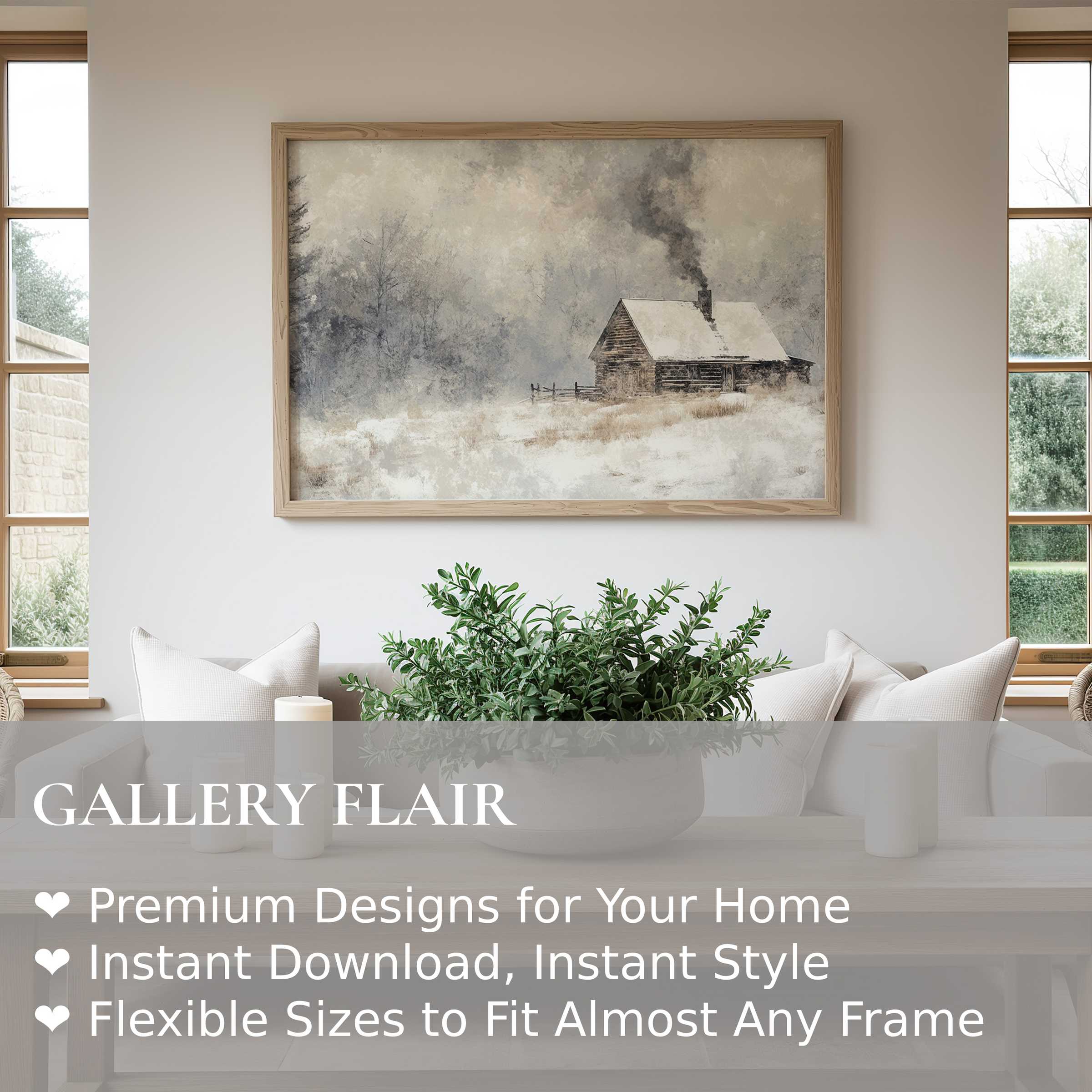 Winter wall art print featuring a serene snowy cabin scene with soft neutrals enhancing modern minimalist interiors with calming rustic charm