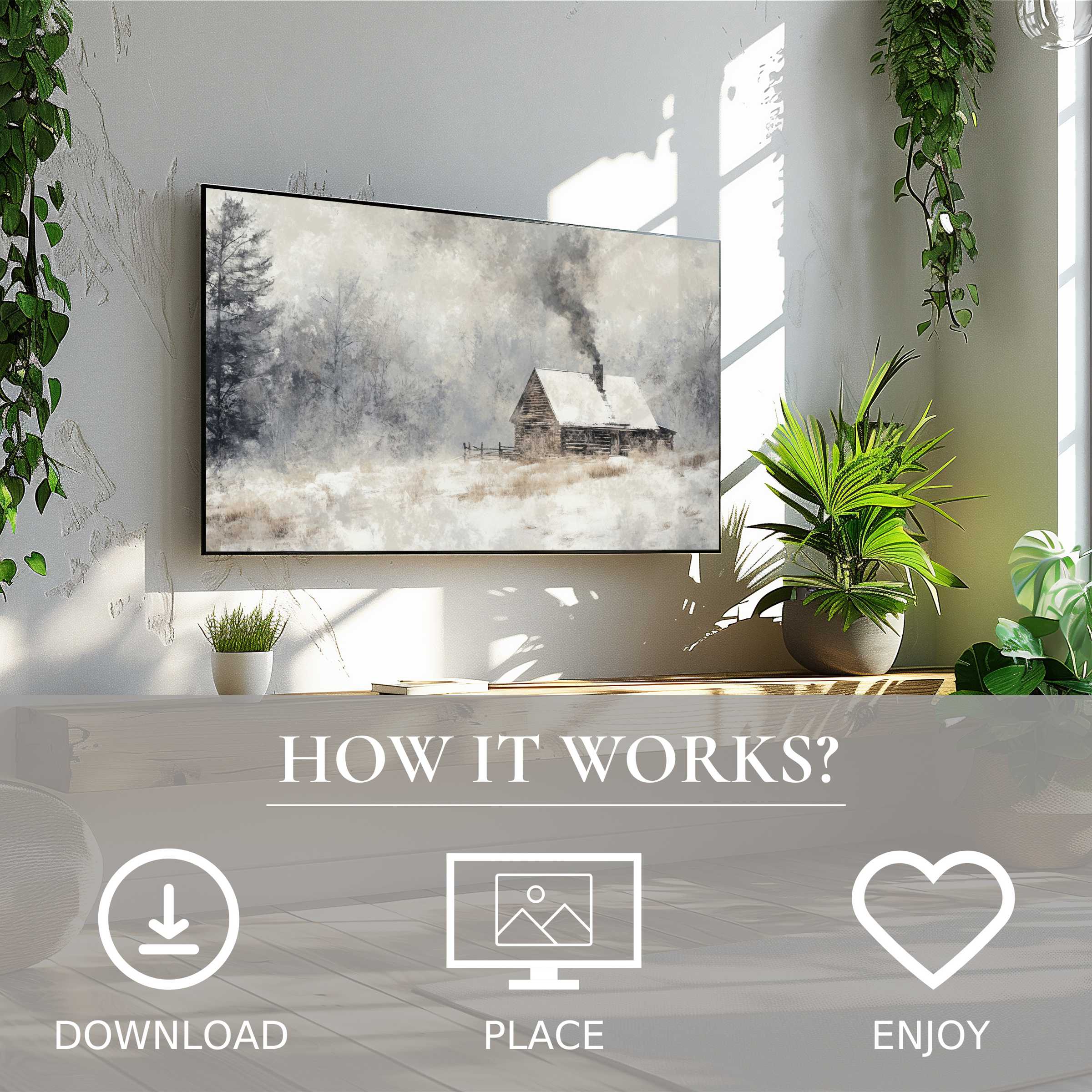 Winter art for Samsung TV: digital download with soft snowy cabin motif, enhancing modern living spaces effortlessly