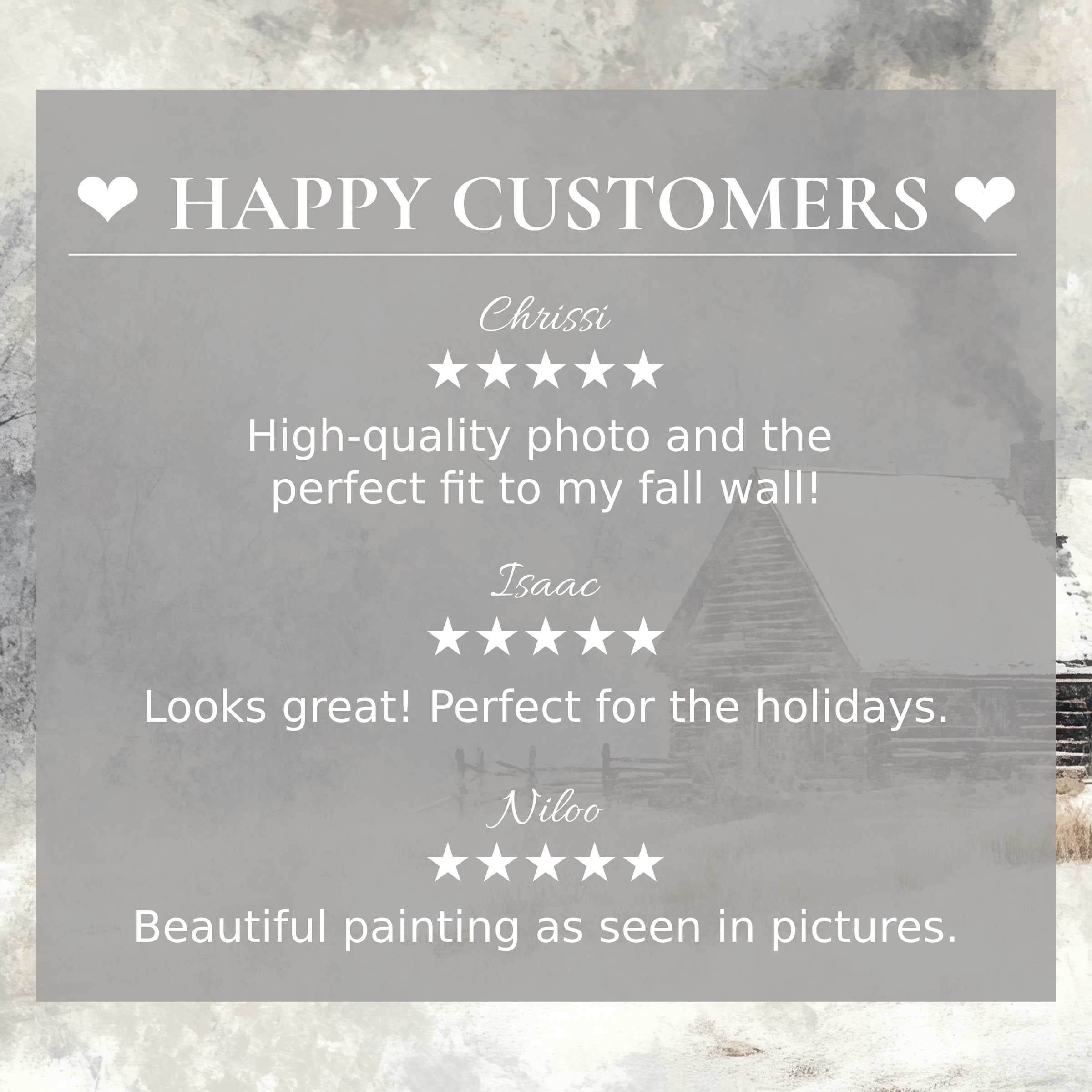 Elegant winter art for Frame TV with soft muted background, showcasing happy customer reviews to inspire trust