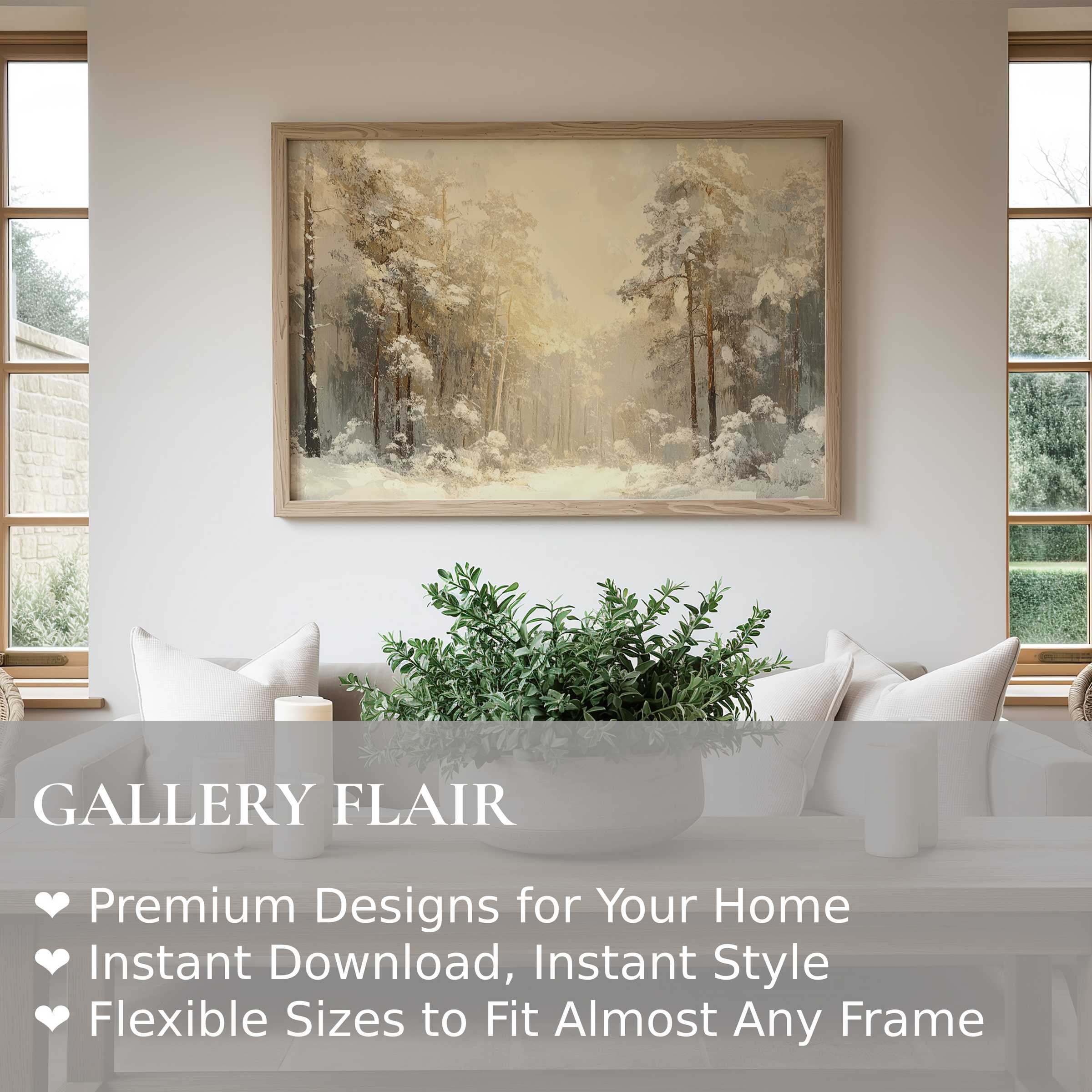 Elegant Christmas wall art print capturing a soft, serene snowy forest scene that enriches modern, minimalist interiors with calming, natural warmth