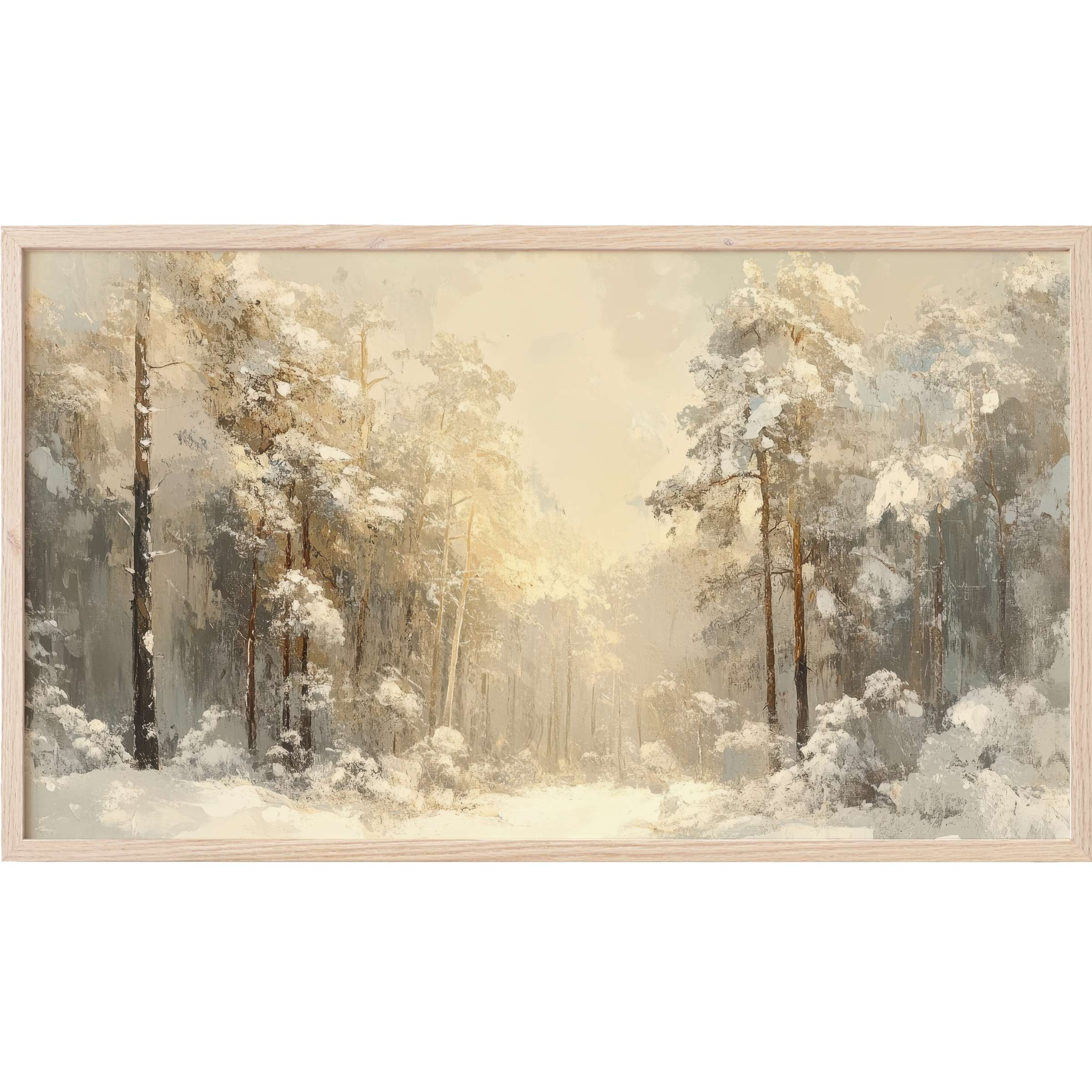 Elegant winter forest scene in muted grays and warm beiges, perfect serene christmas Frame TV Art for modern homes