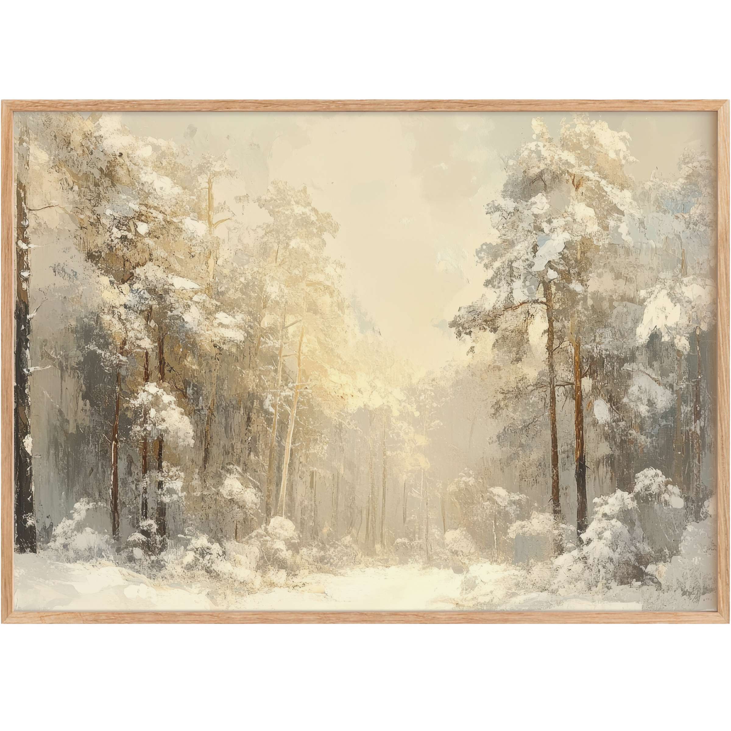 Serene Christmas printable wall art featuring softly lit snowy pine trees in muted gold and gray hues, evoking calm elegance