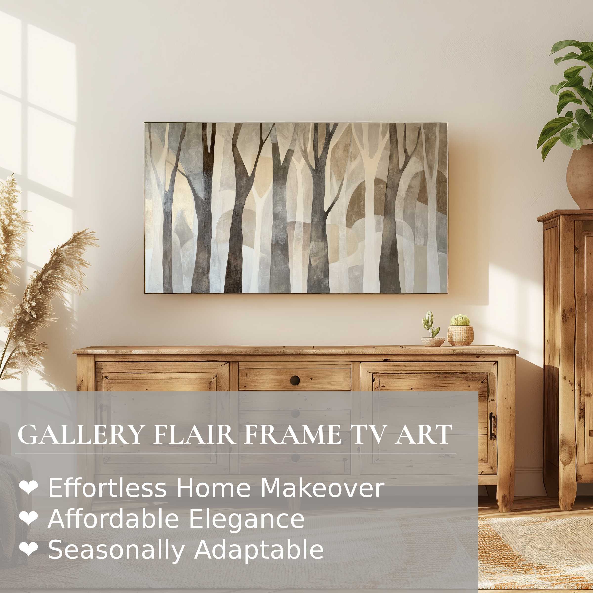 Samsung Frame TV displays modern digital artwork of muted forest tones, enhancing sophisticated minimalist home decor