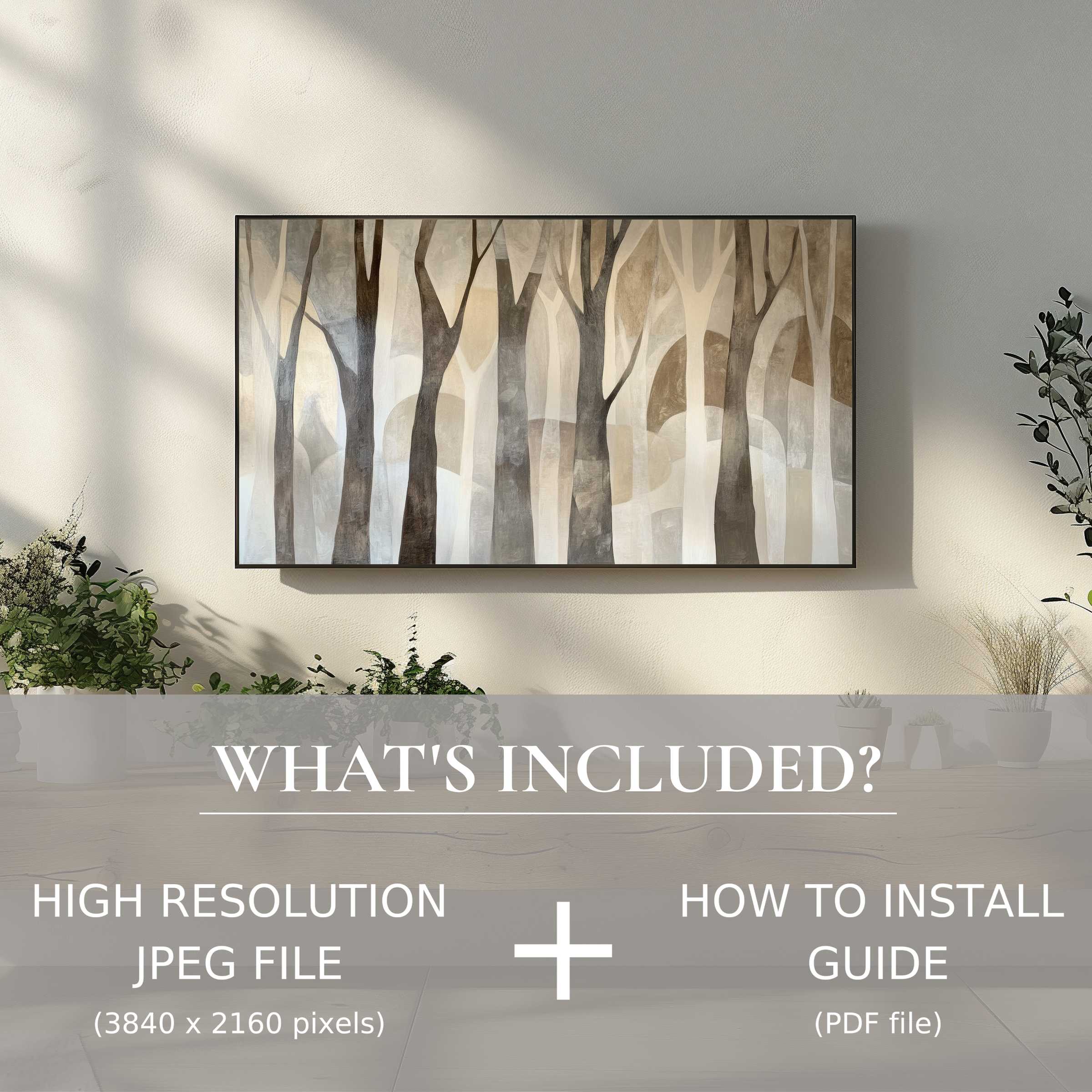 Stylish living room featuring modern digital TV art download in serene tones, easy to install and elevate your space