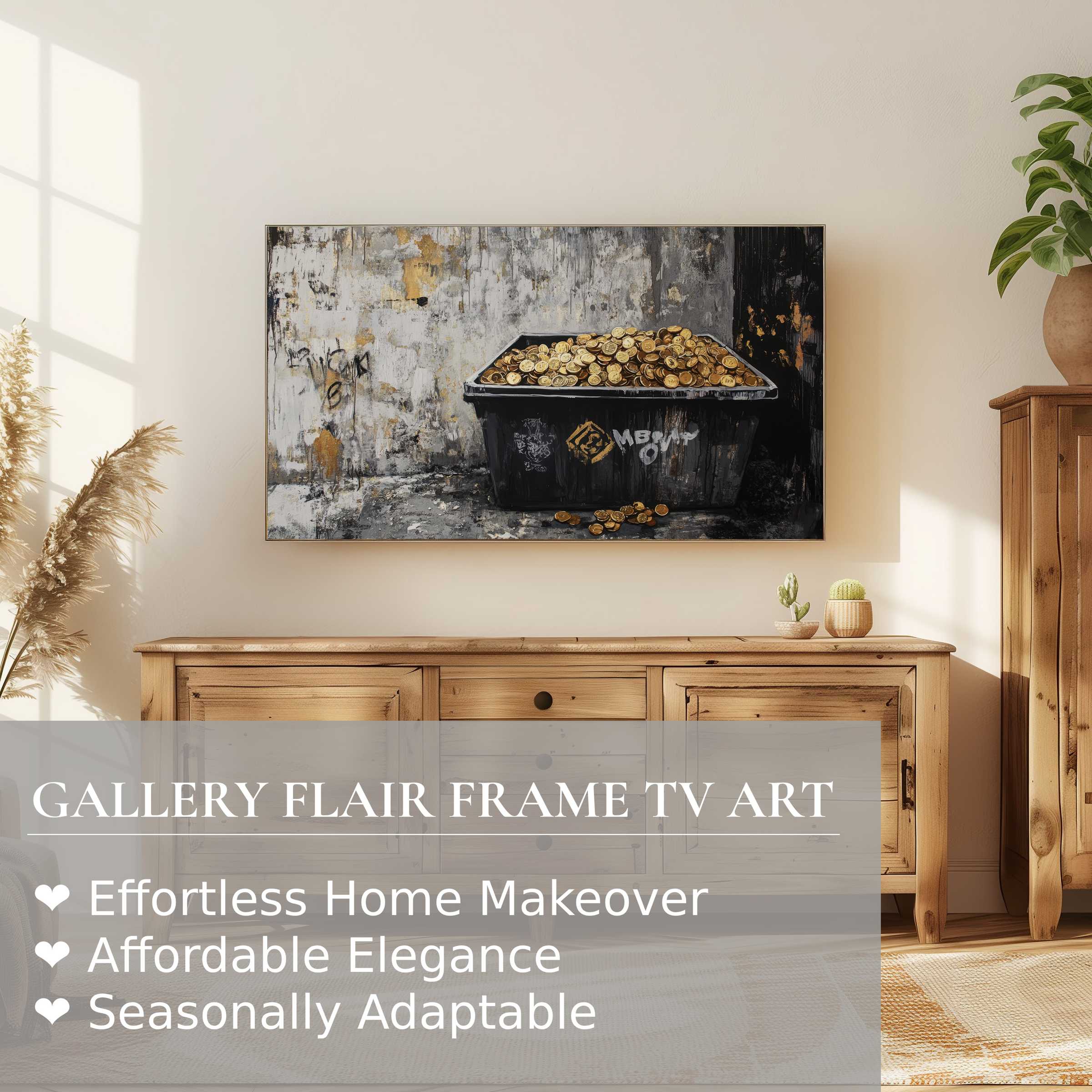 Modern Samsung Frame TV displays striking street art digital artwork in neutral-toned room with natural wood décor accents