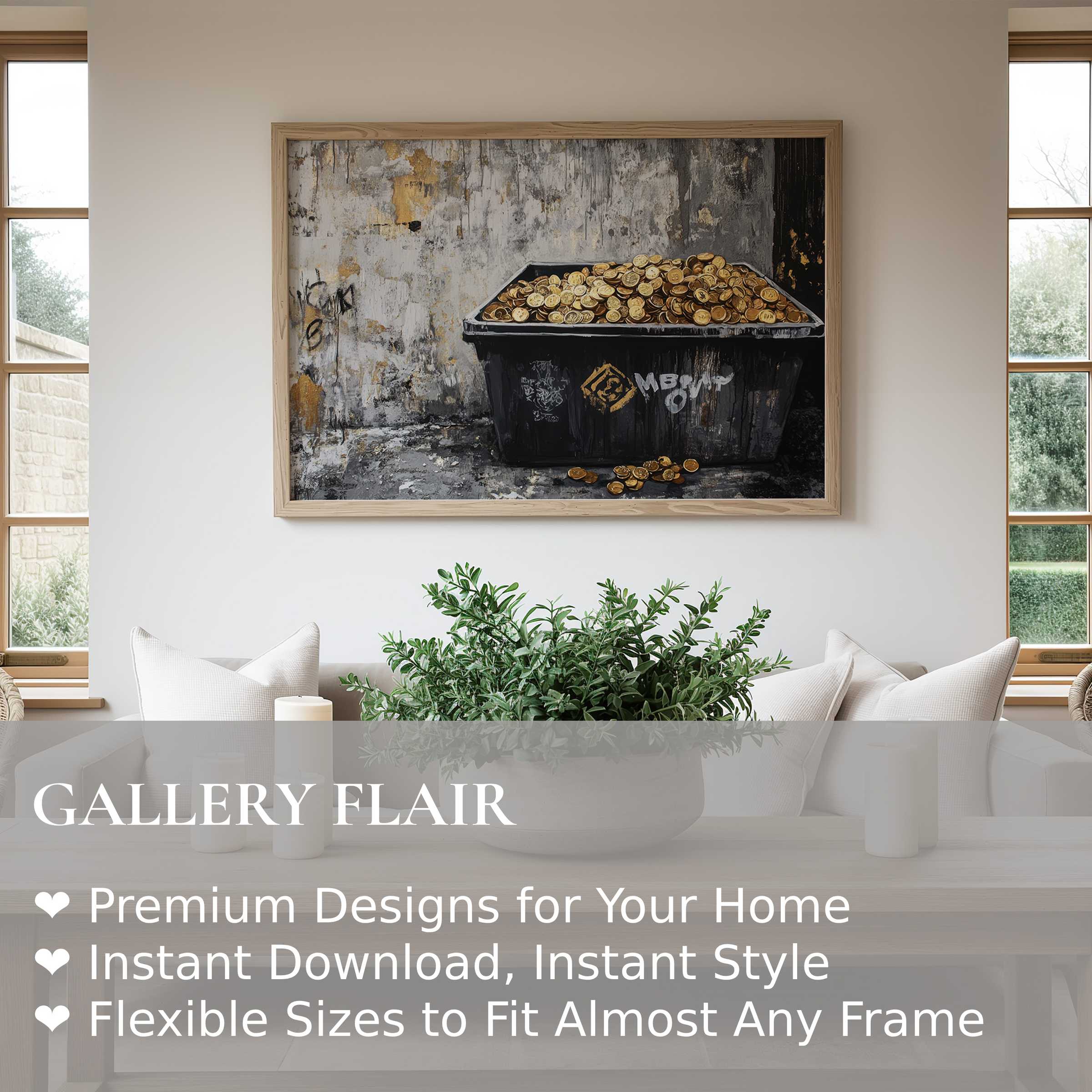 Bold street art wall art print featuring vibrant golden coins in a gritty urban setting, elevating modern minimalist interiors with edgy sophistication