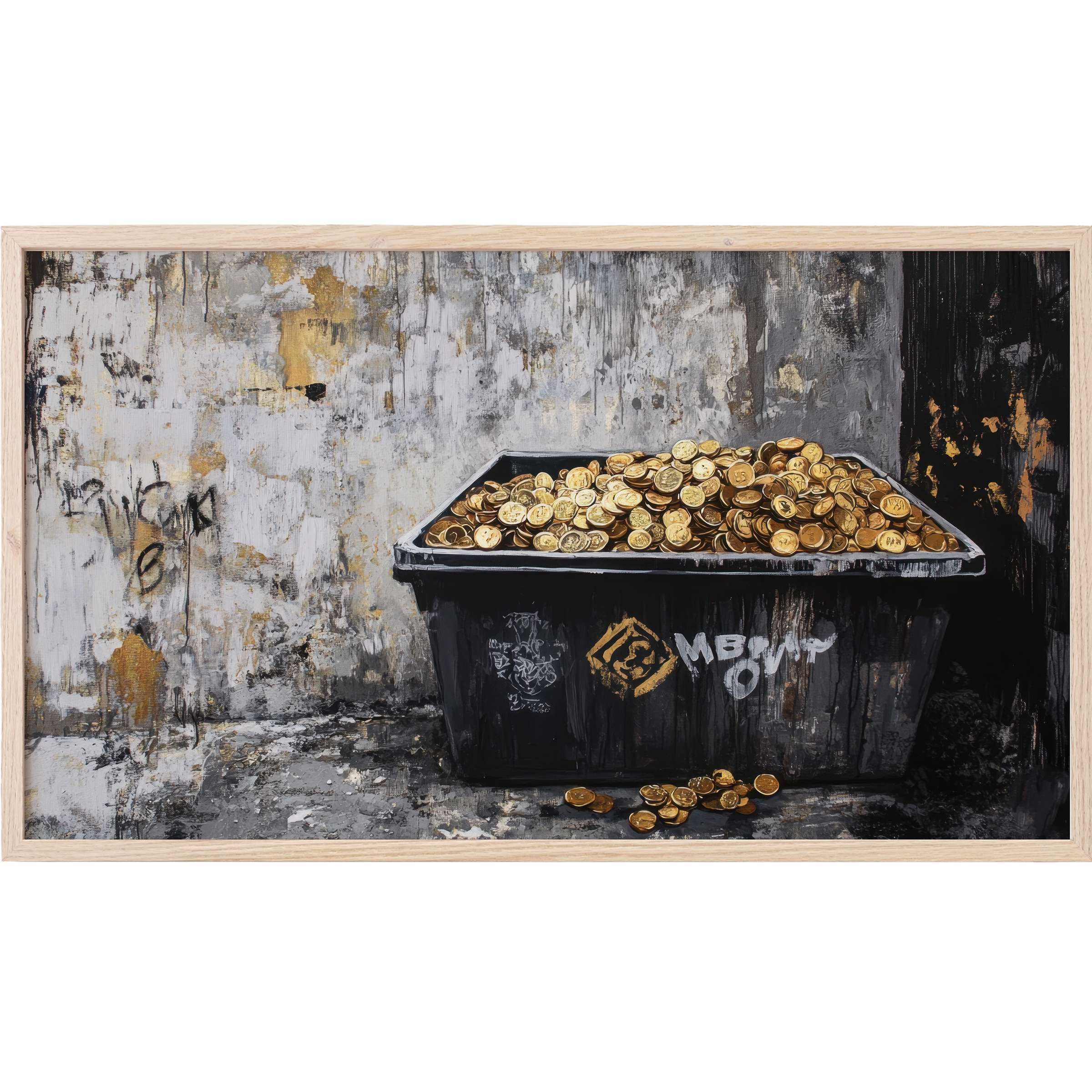 Street art Frame TV Art featuring gold coins in a black container against textured gray and gold urban wall