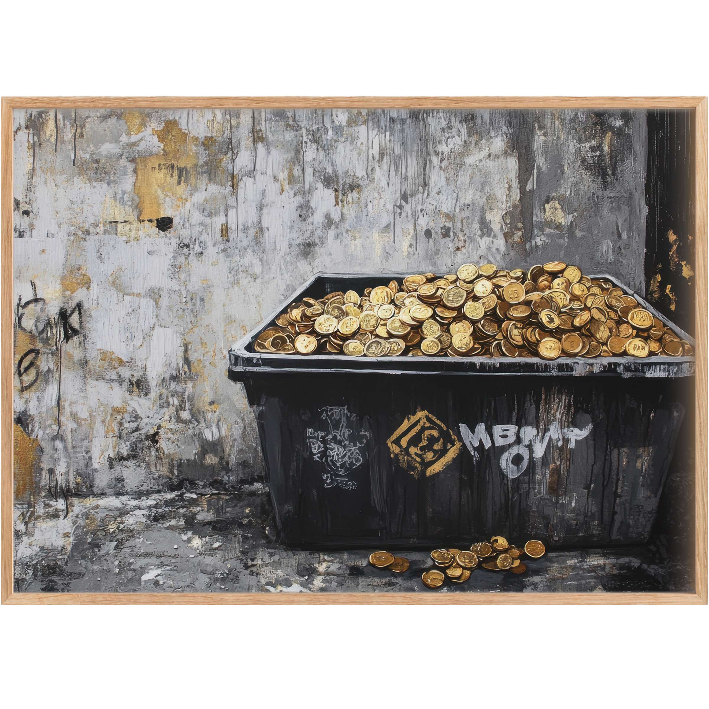 Bold street art printable wall art featuring a black bin overflowing with radiant gold coins, evoking urban richness and edgy luxury