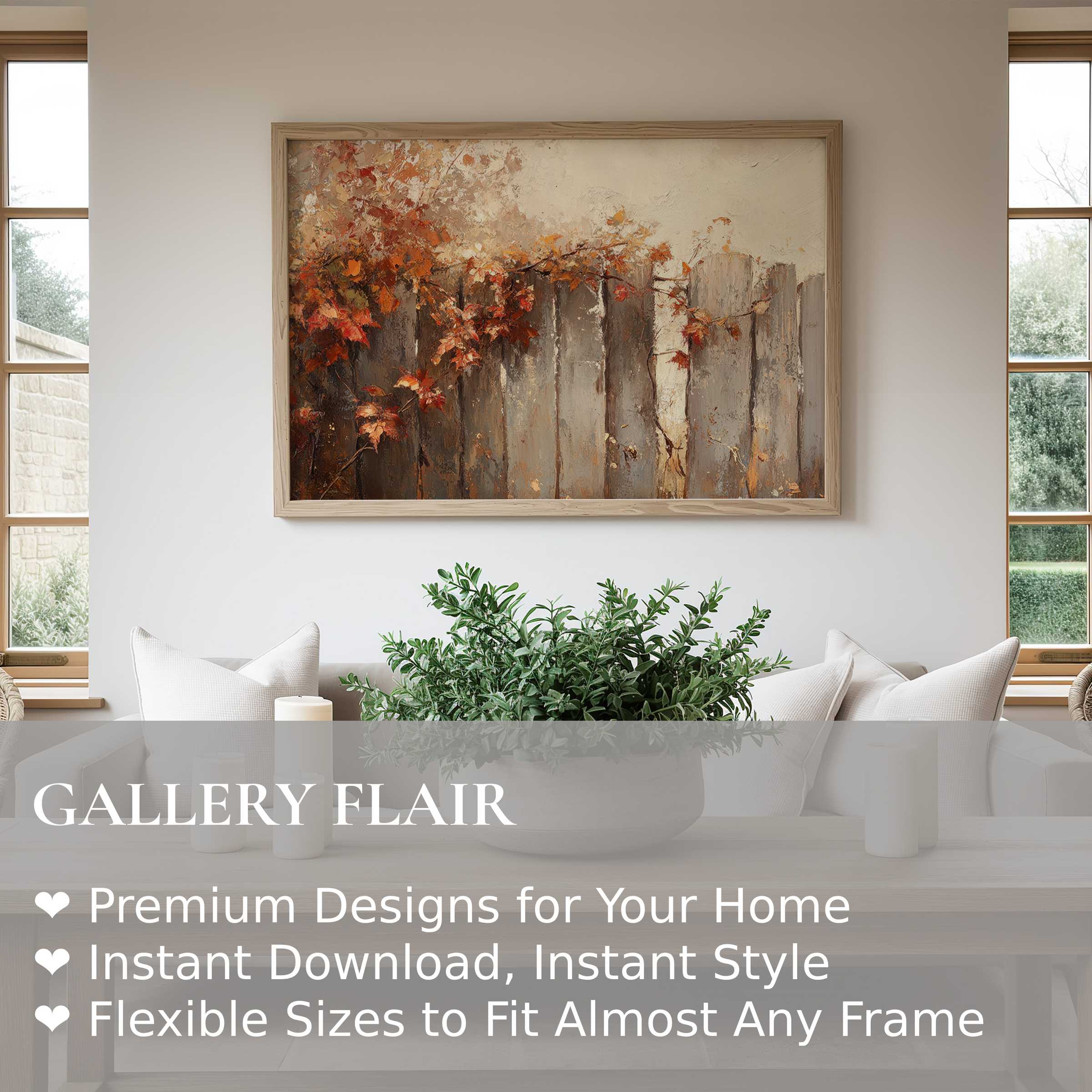 Fall wall art print featuring textured autumn leaves cascading over a rustic wooden fence, radiating warm, cozy elegance Perfect for modern farmhouse or transitional interiors, this refined artwork enriches living spaces with inviting seasonal charm and natural beauty