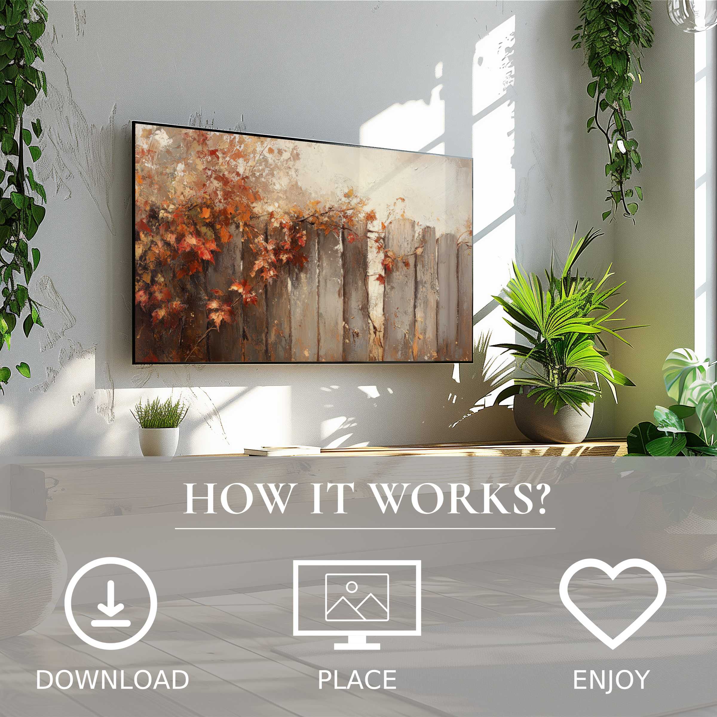 Fall art for Samsung TV with warm autumn tones, easy digital download, enriching modern living spaces with cozy design