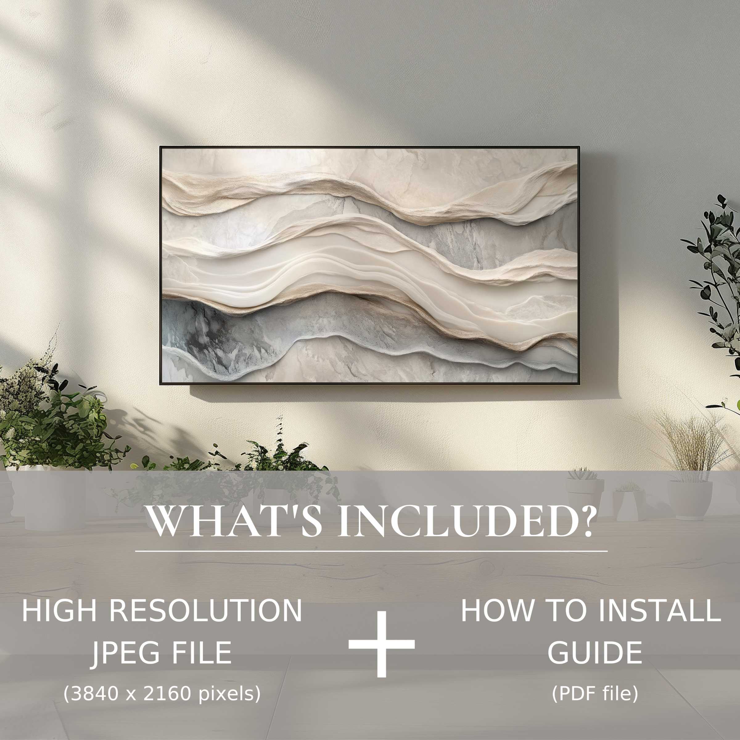 Stylish living room featuring a neutral digital TV art download, enhancing space with effortless digital use