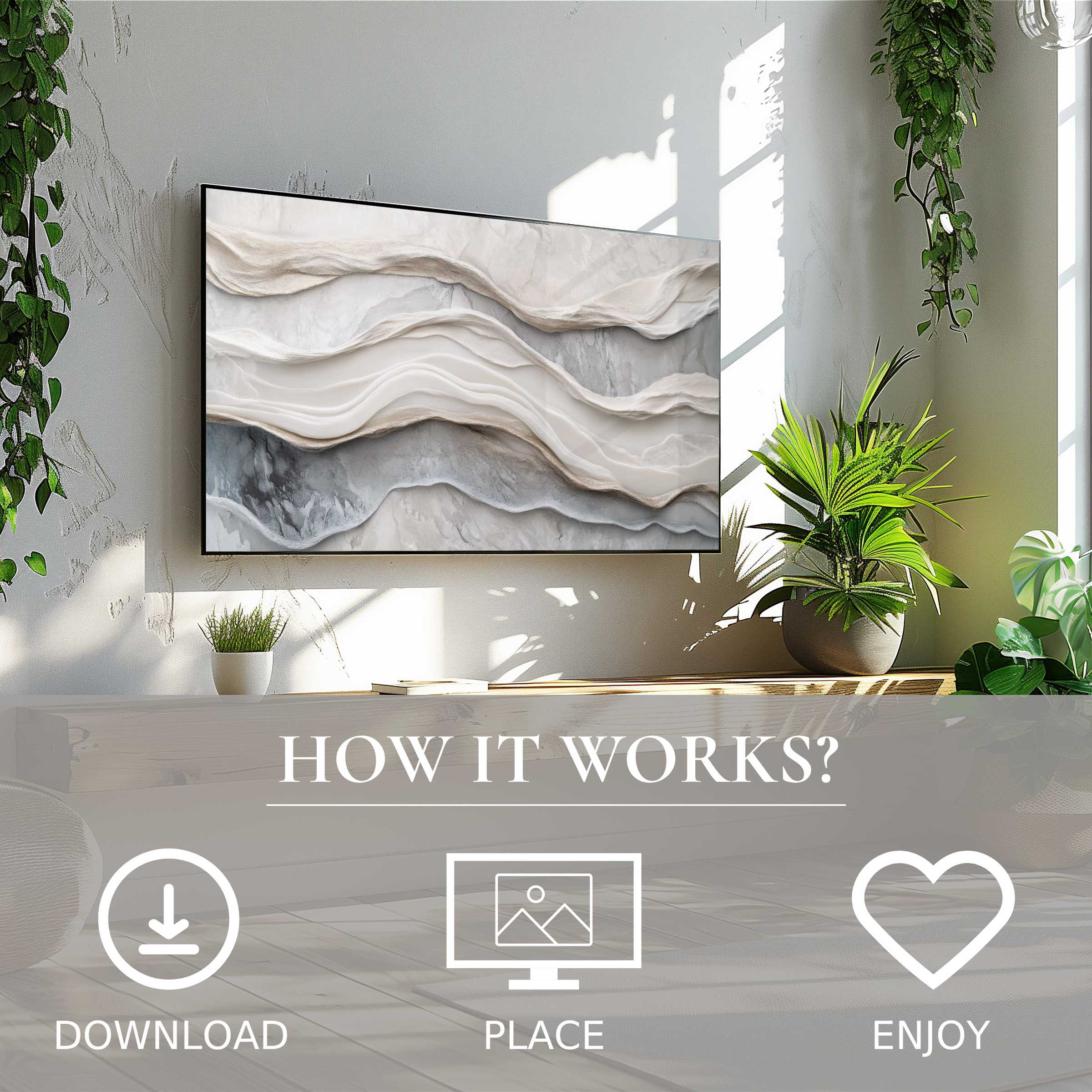 Neutral art for Samsung TV shows soft layered stone motif in soft tones, easy digital download enriching modern living spaces