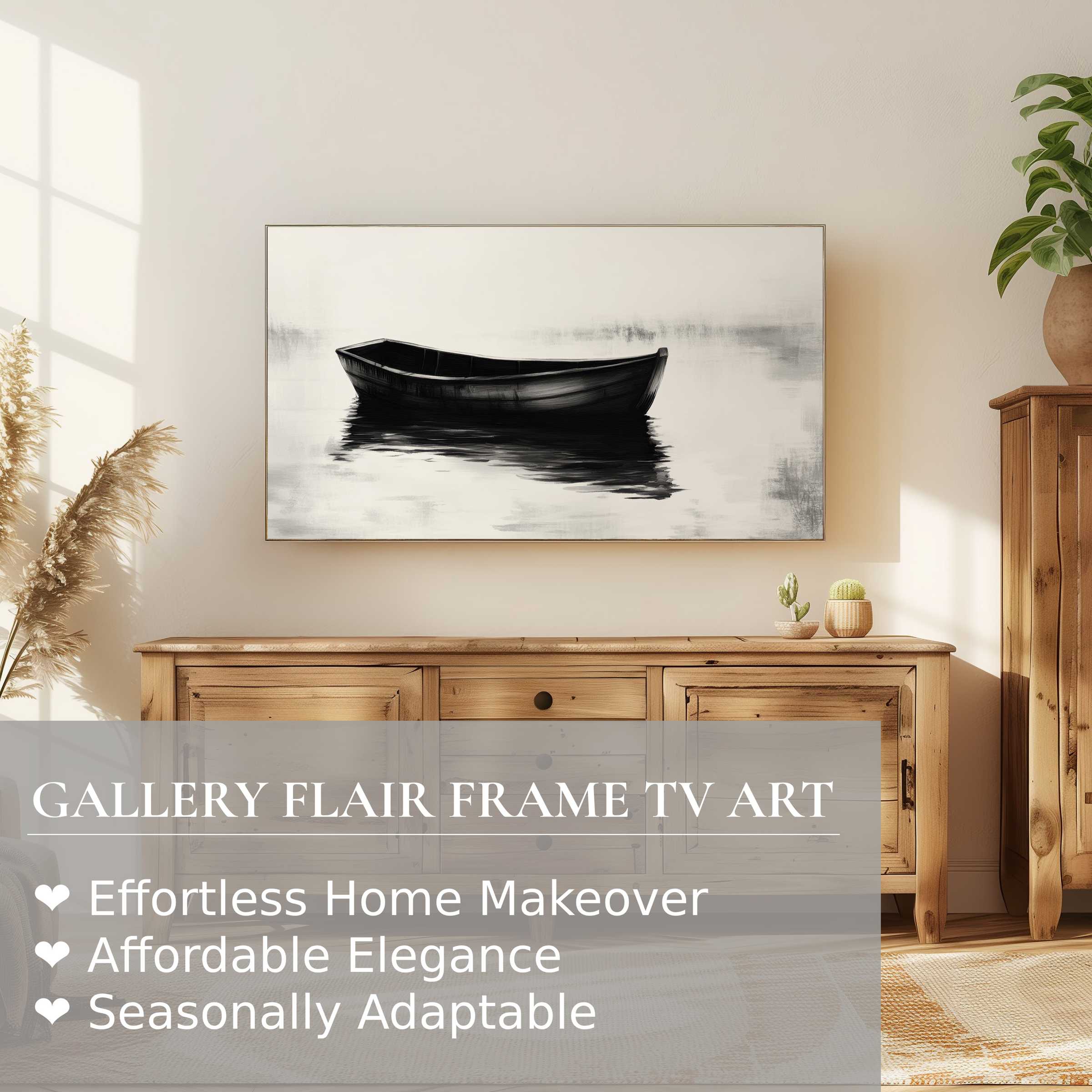 Samsung Frame TV displaying black and white digital artwork of a boat in serene, minimalist modern decor