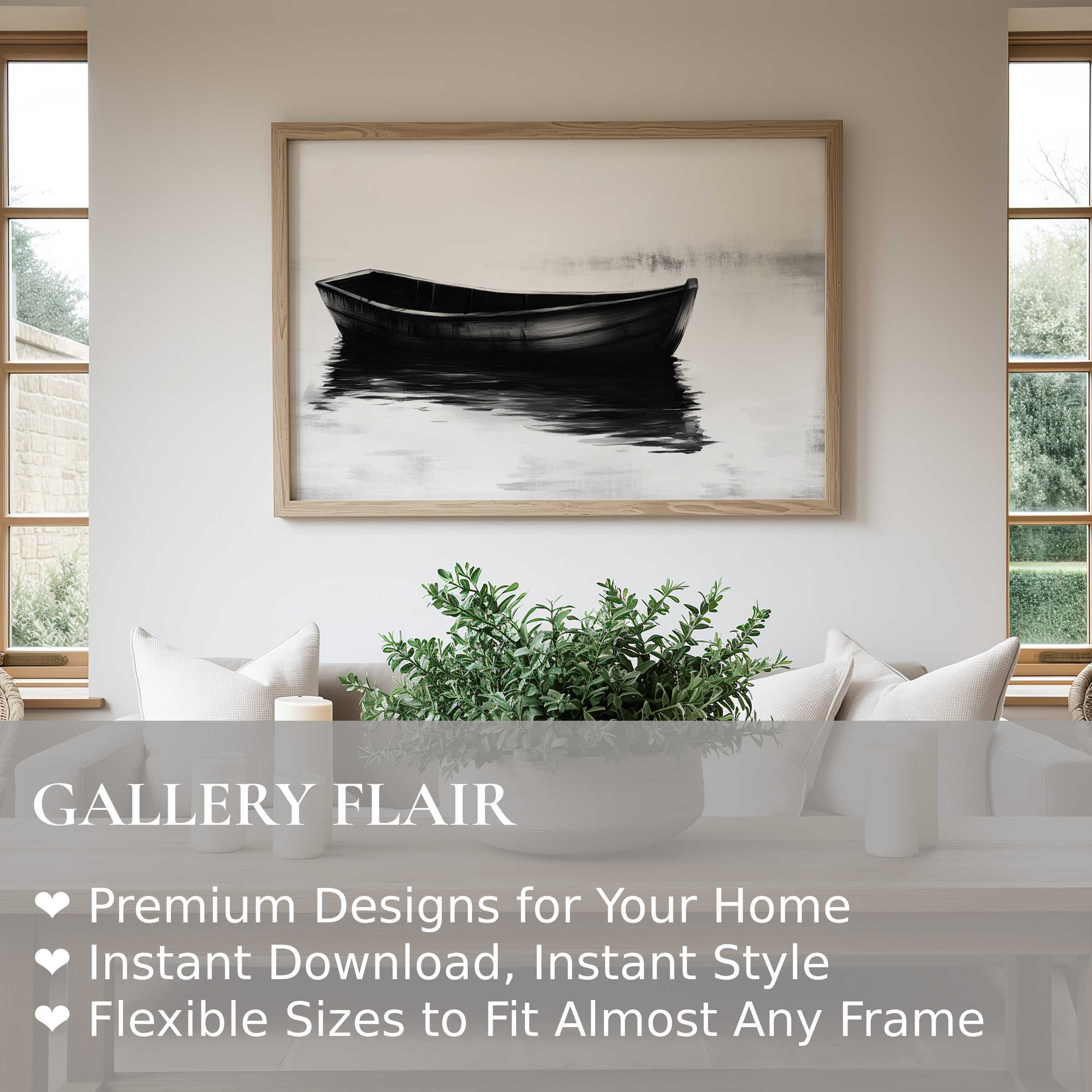 Black and white wall art print depicting a serene boat on calm water, enhancing a modern minimalist living space with bold, tranquil elegance
