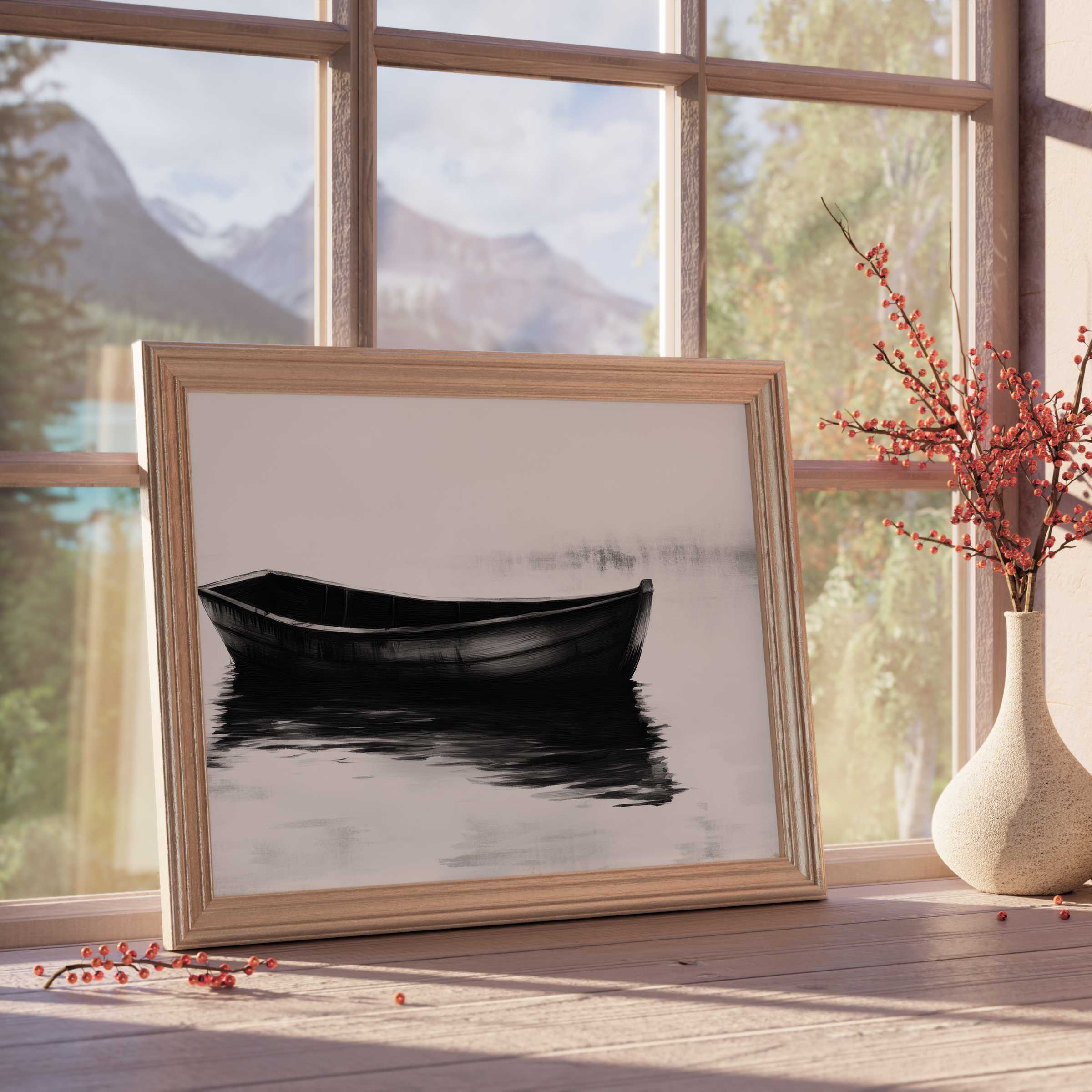 Black and white downloadable art of a serene boat floating on calm water, perfect for tranquil, design-forward interiors