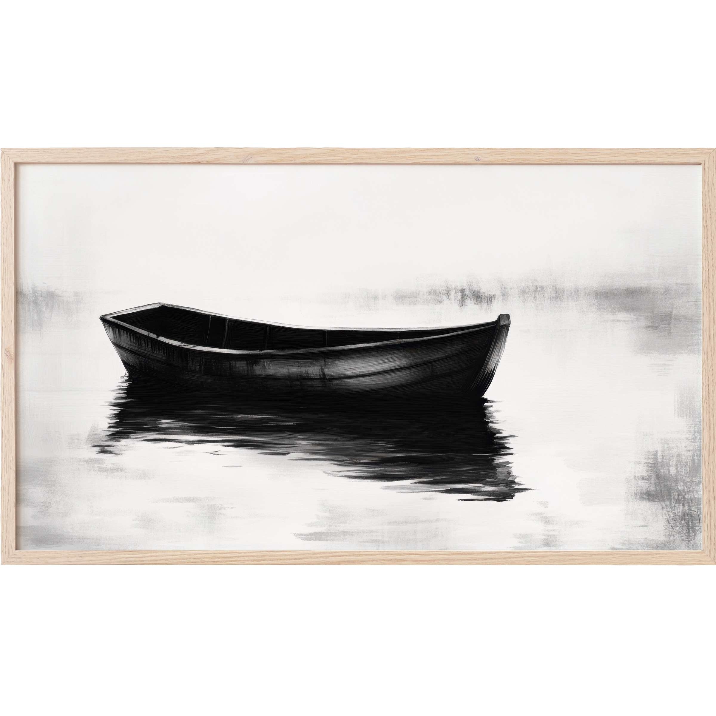 Serene black and white Frame TV Art of a lone boat reflected on calm water in subtle grayscale tones