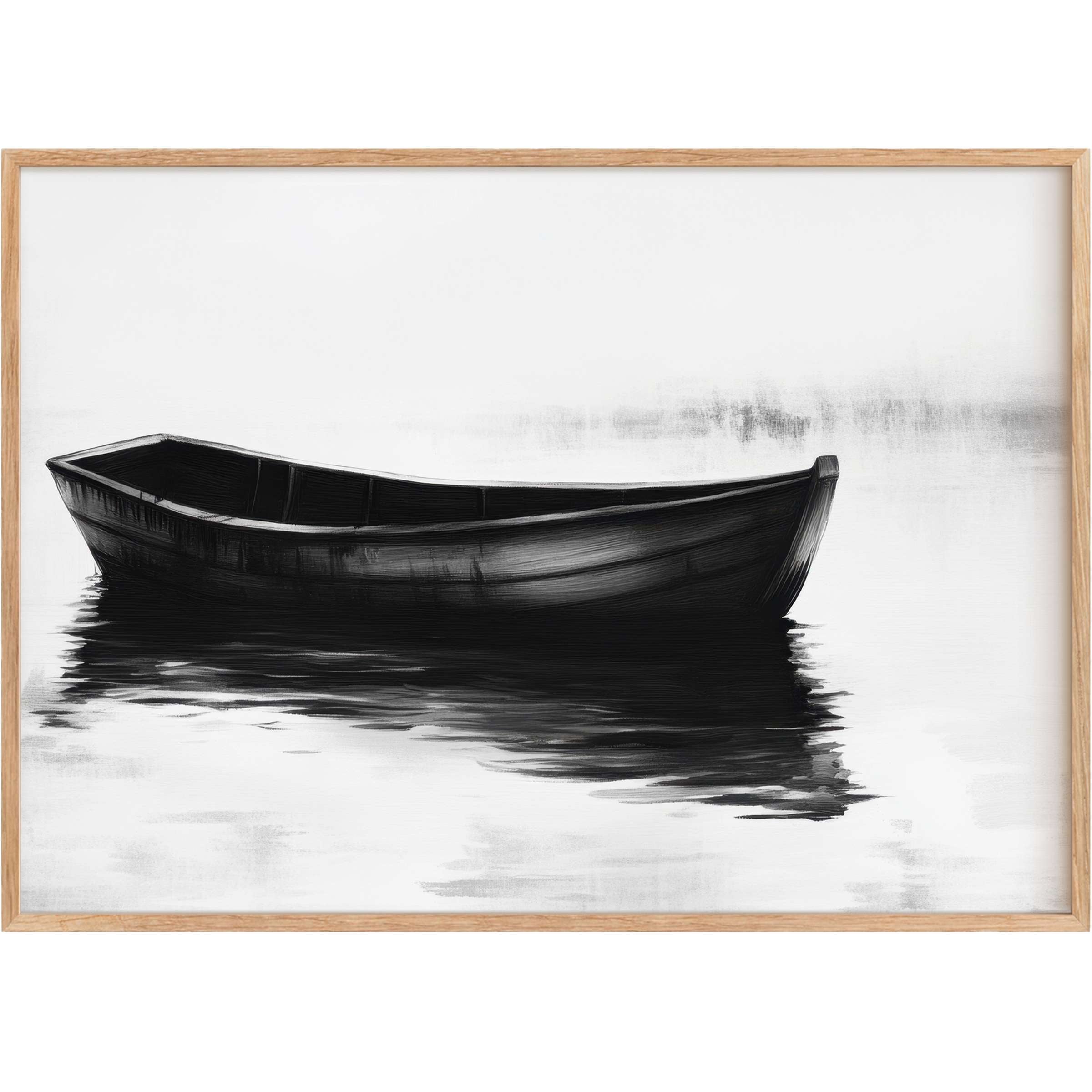 Black and white printable wall art of a solitary boat, evoking serene calm with soft reflections and elegant contrast