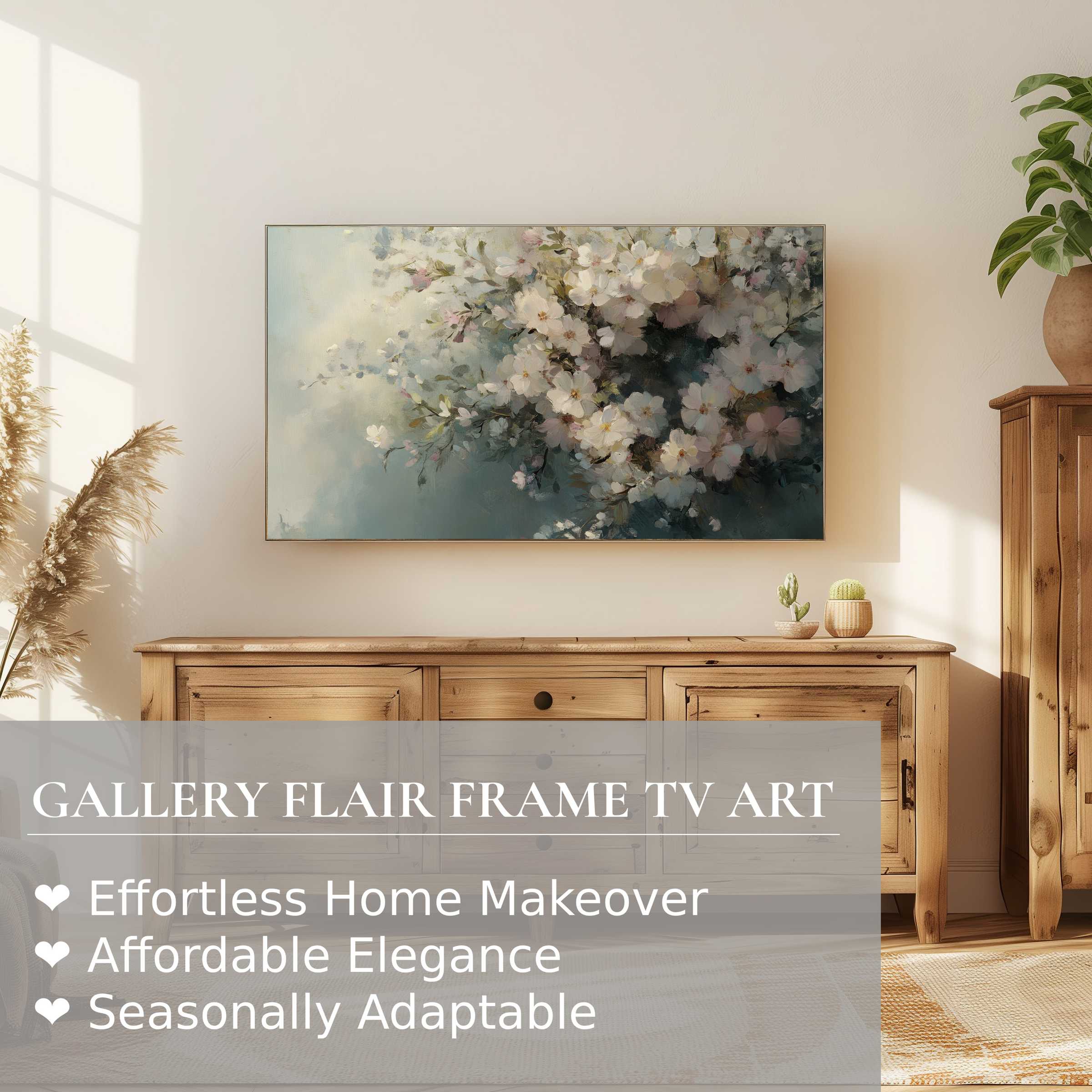Elegant spring blossoms displayed on Samsung Frame TV in serene room, showcasing refined easter digital artwork