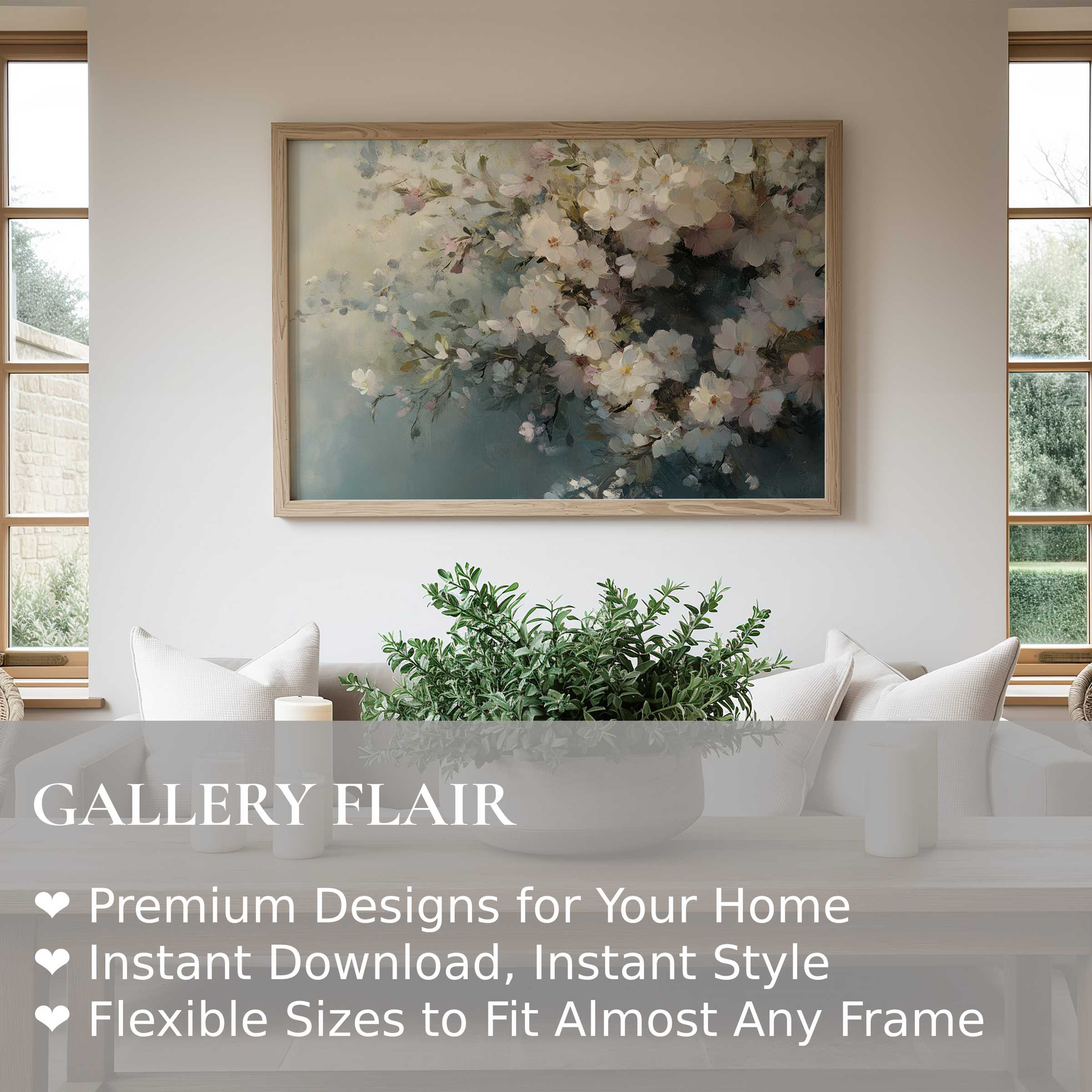 Elegant easter wall art print featuring soft white blossoms in a serene, modern living room with natural light and calming tones