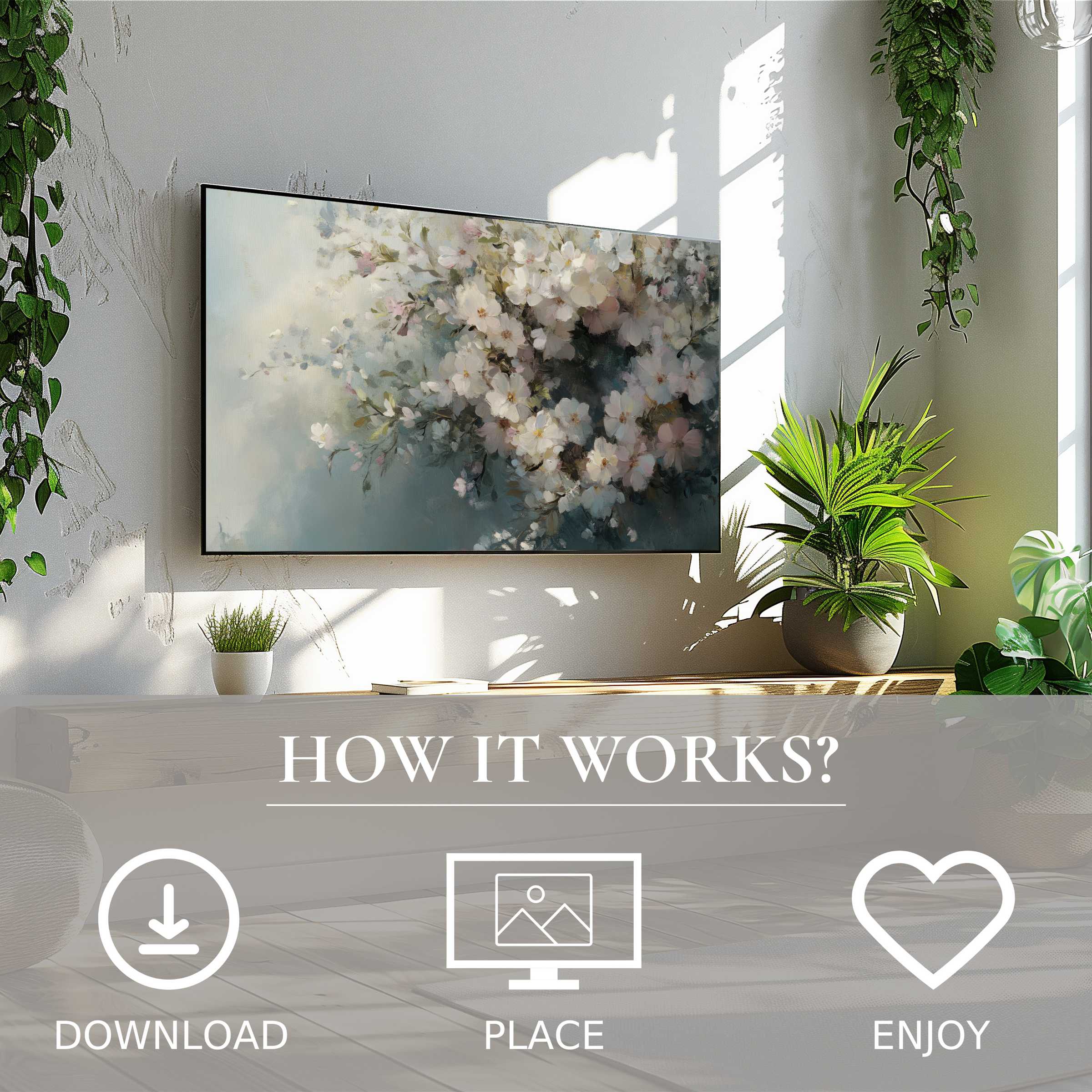 Bright living room with easter art for Samsung TV in soft floral tones, easy digital download enriches your decor