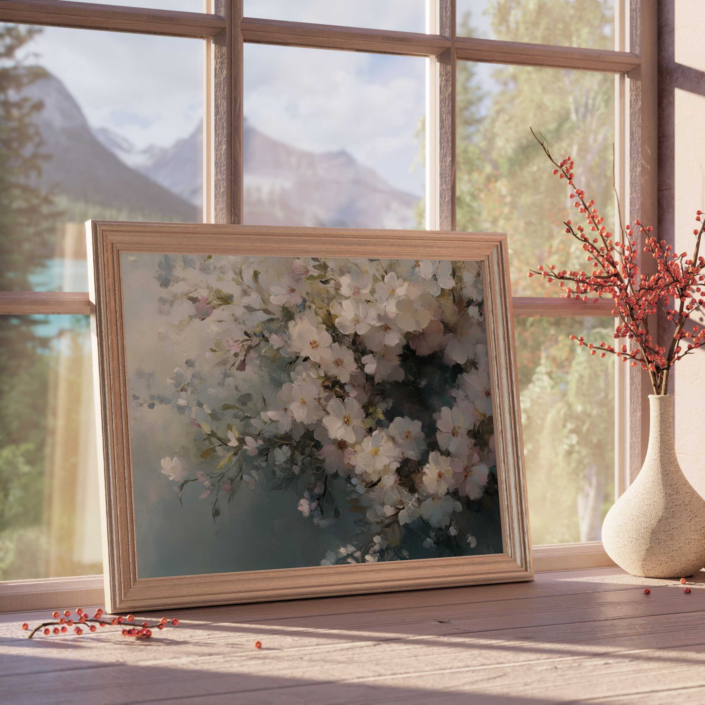Elegant easter downloadable art with soft blossoming florals, elevating serene, refined spaces in curated modern interiors