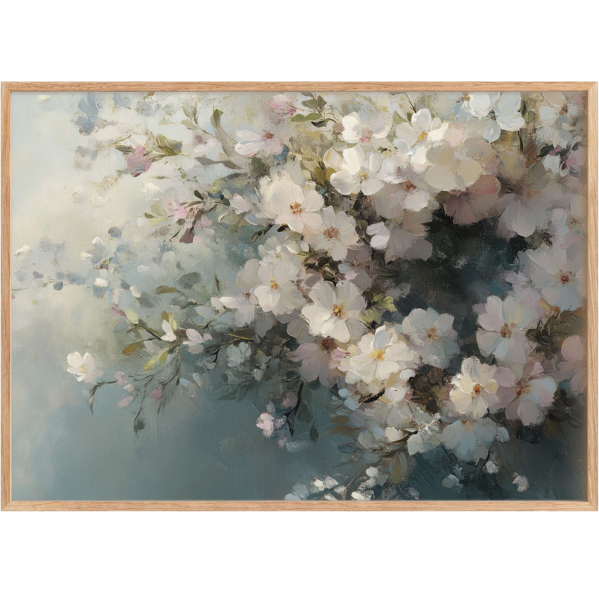 Ethereal easter printable wall art featuring soft white blossoms against a muted blue-gray backdrop, evoking serene spring elegance
