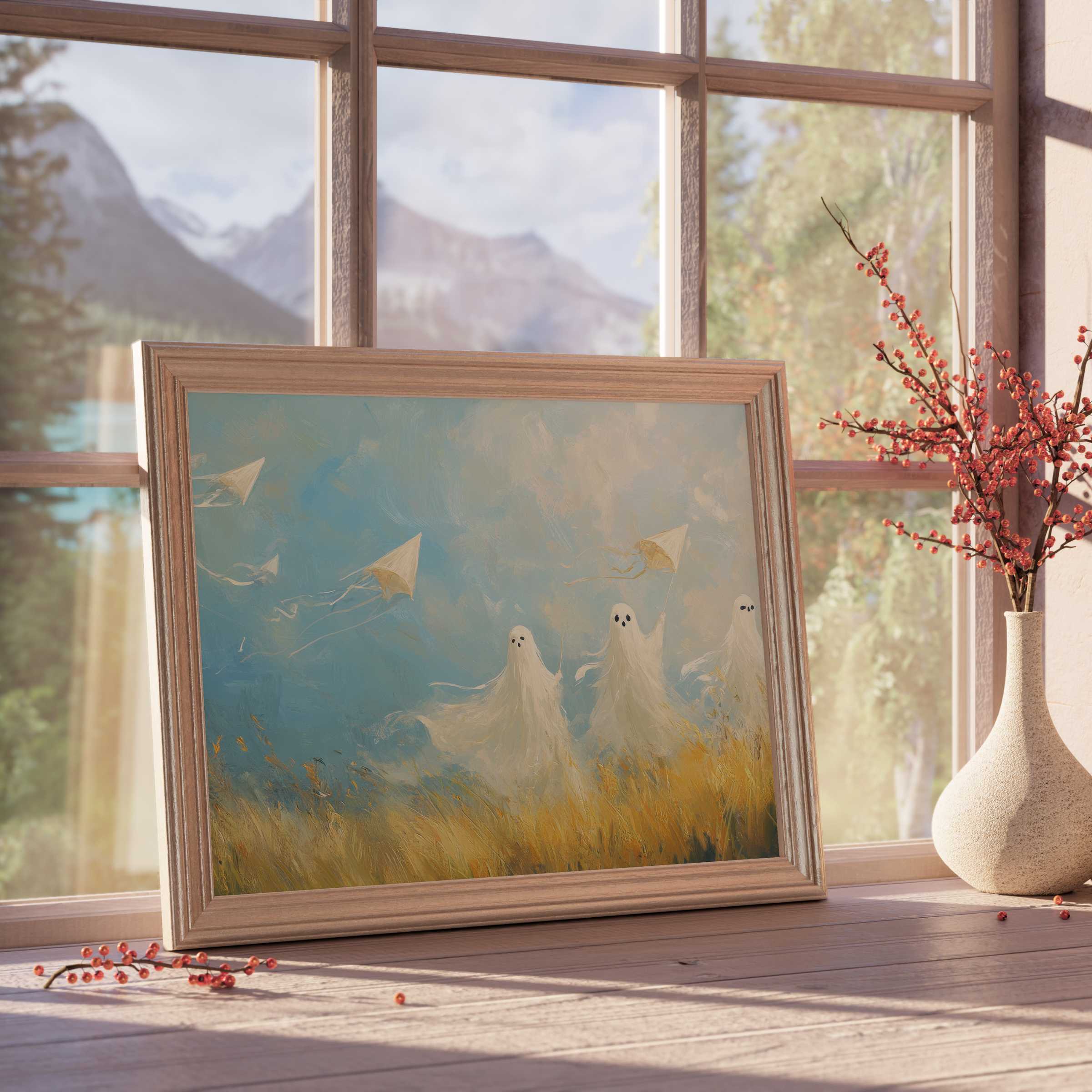 Ethereal halloween downloadable art featuring whimsical ghosts and kites, enriching serene, design-forward interiors with autumnal charm