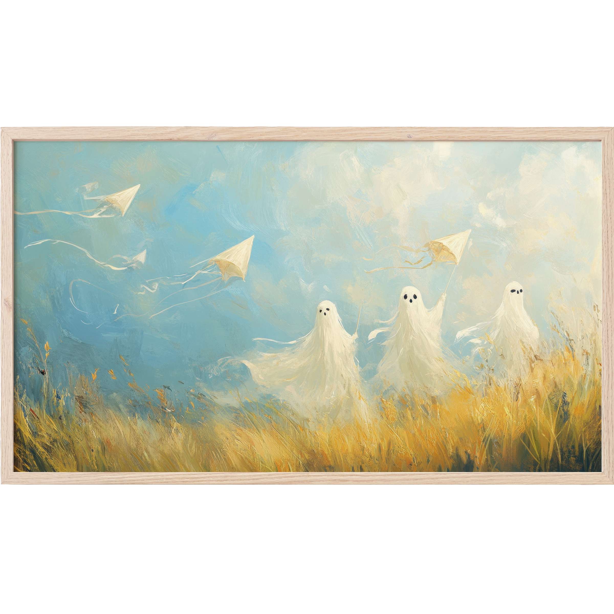 Whimsical halloween Frame TV Art with soft blues, warm golds, and ghostly figures flying kites in an impressionist style