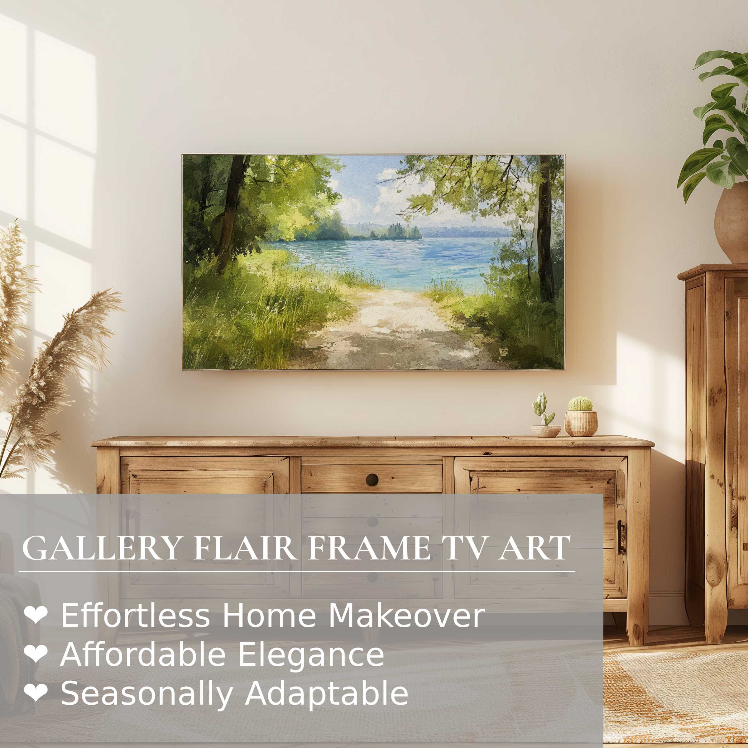 Samsung Frame TV displaying serene summer digital artwork of a lakeside path, perfect for refined home decor