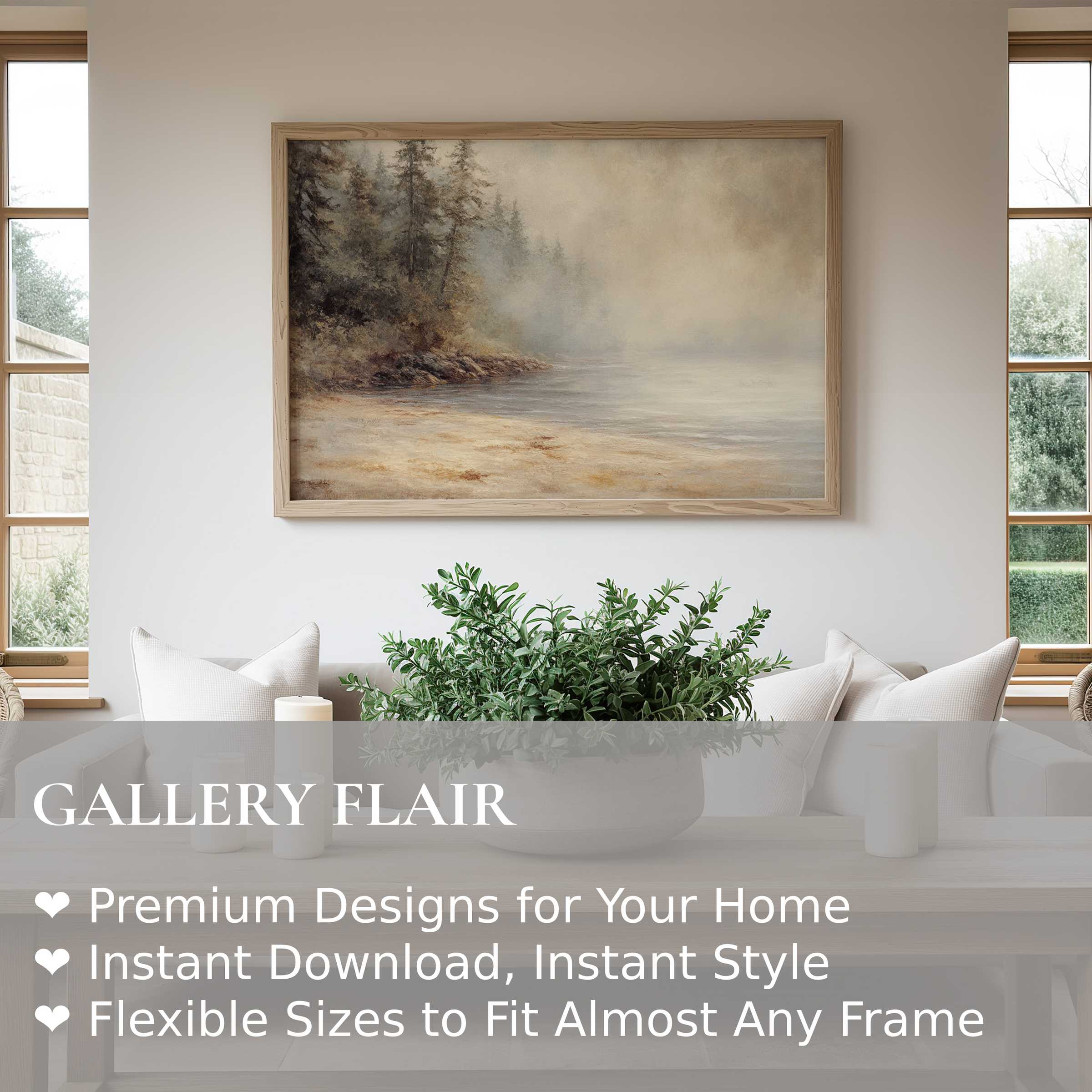 Coastal wall art print evoking serene misty forest shores, enhancing modern minimalist interiors with soft, calming nature-inspired elegance