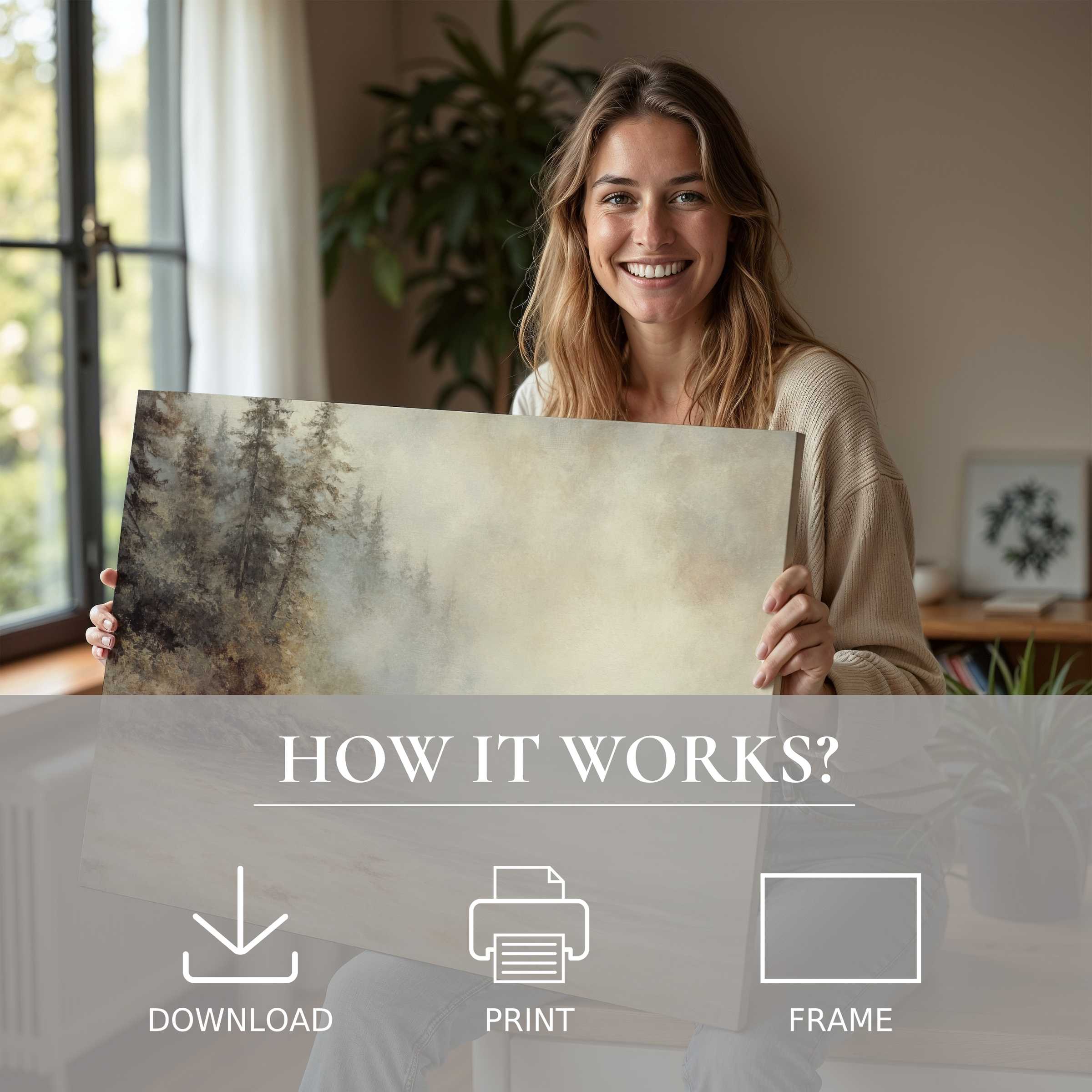 A woman radiates joy in a modern home, embracing a coastal digital art print that transforms her space with serene, timeless beauty