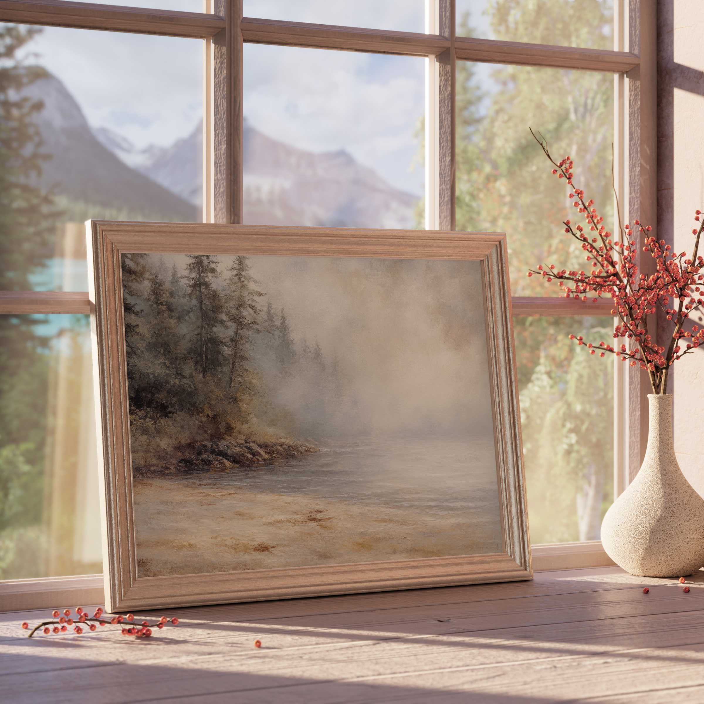 Coastal downloadable art capturing misty shorelines and tranquil waters, enriching serene, design-forward interiors with timeless natural elegance