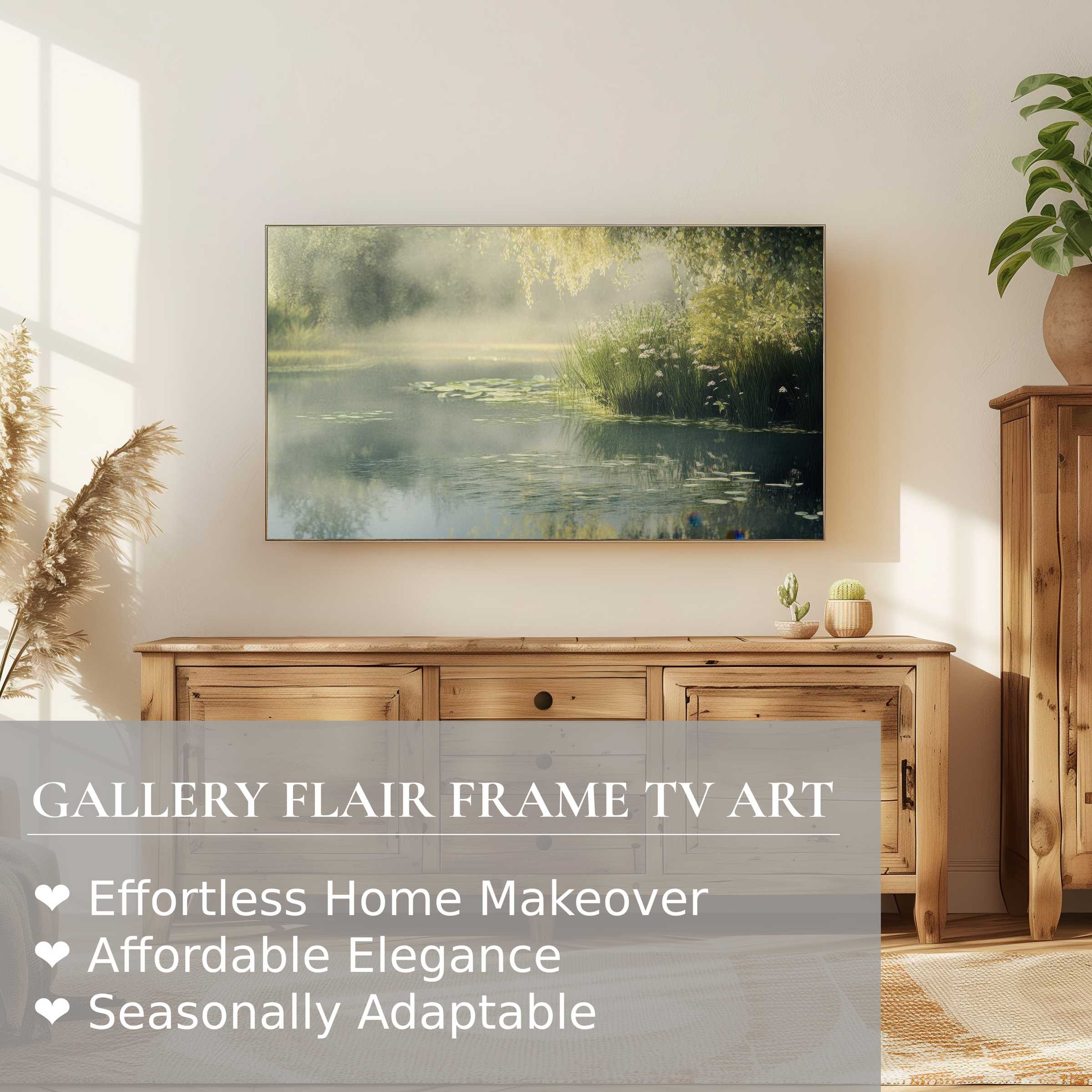 Samsung Frame TV displays serene vintage digital artwork in a modern, sunlit living space with natural wood accents