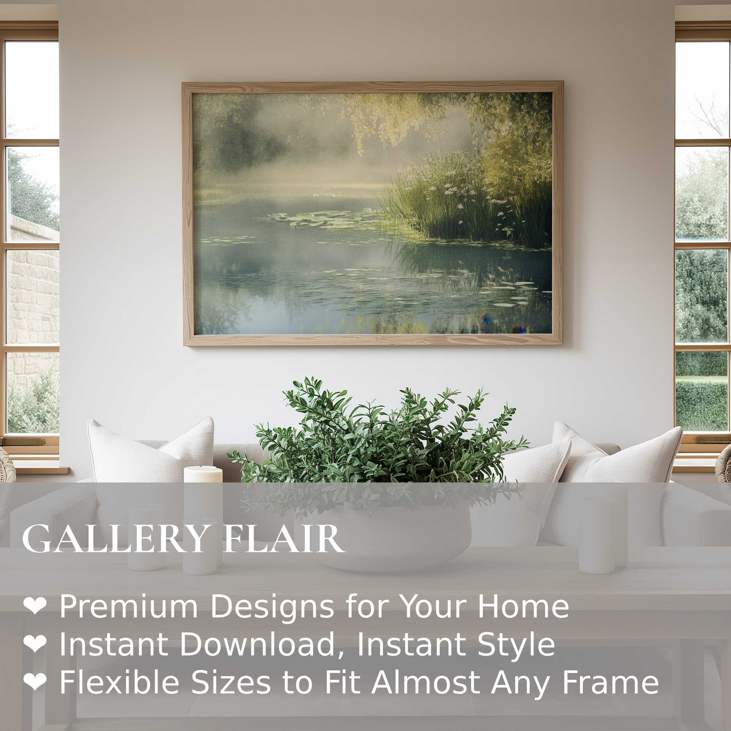 Vintage wall art print of a serene misty pond with lilies, enhancing modern minimalist interiors with calming, natural elegance