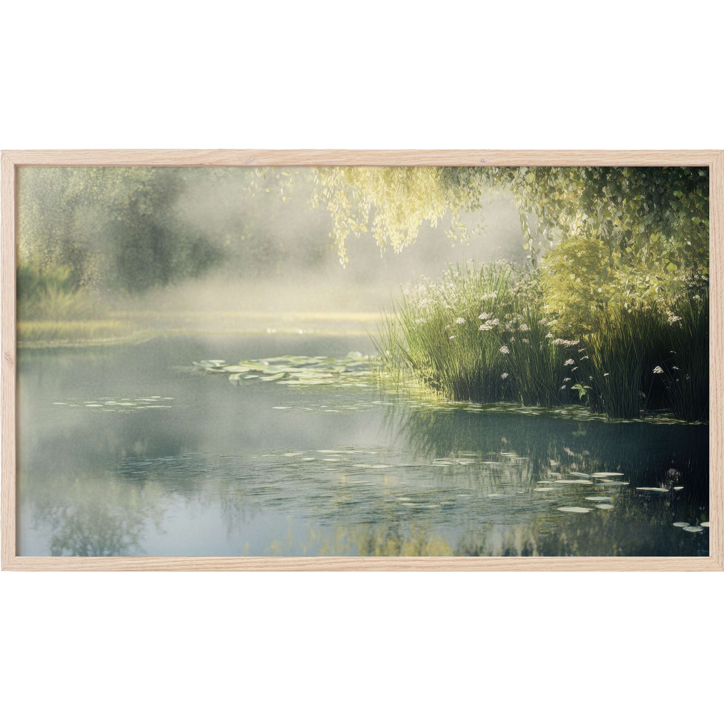 Serene pond scene in soft greens and blues with mist, framed elegantly - vintage Frame TV Art for refined spaces