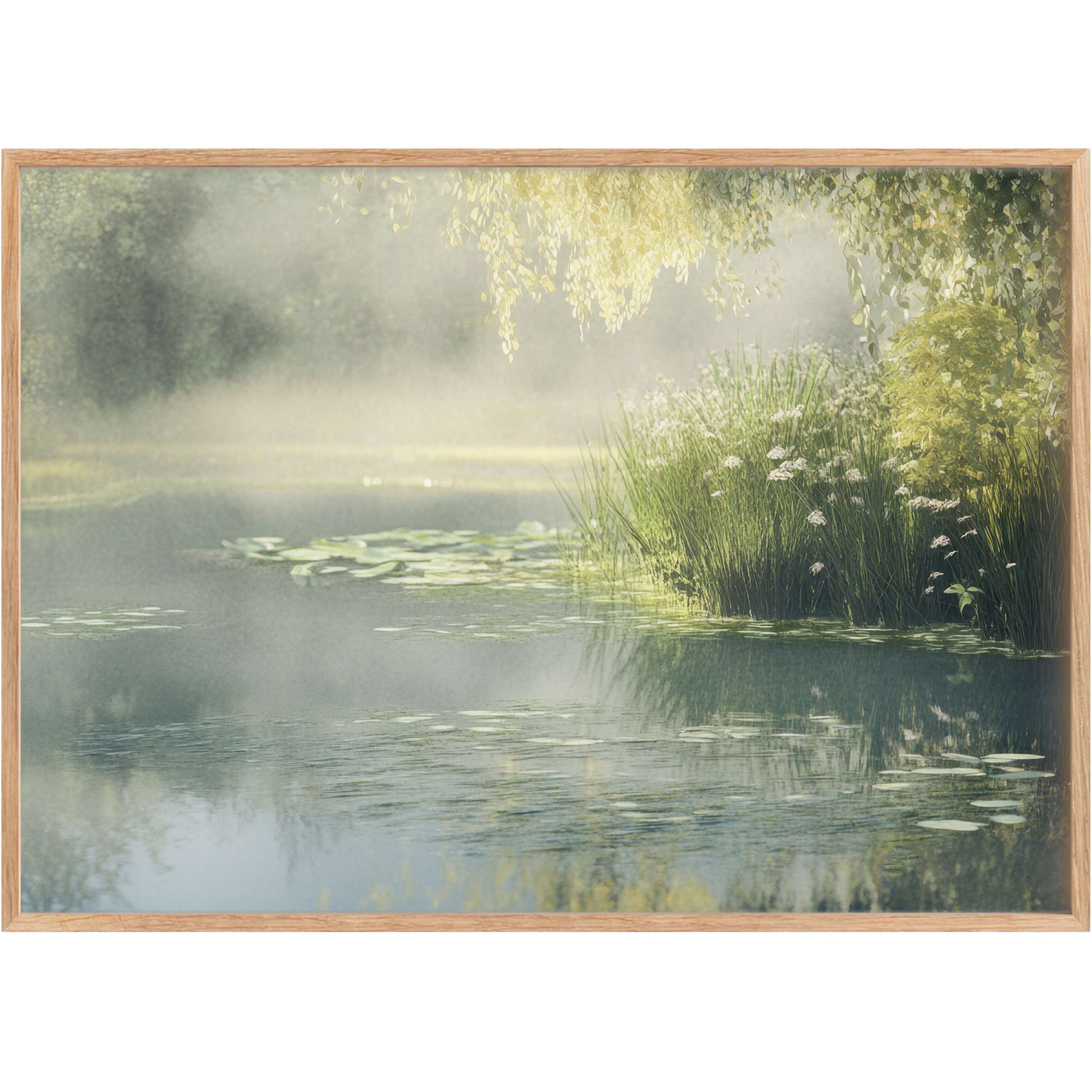 Vintage printable wall art capturing a serene lakeside scene with soft greens and misty blues, evoking calm and timeless elegance