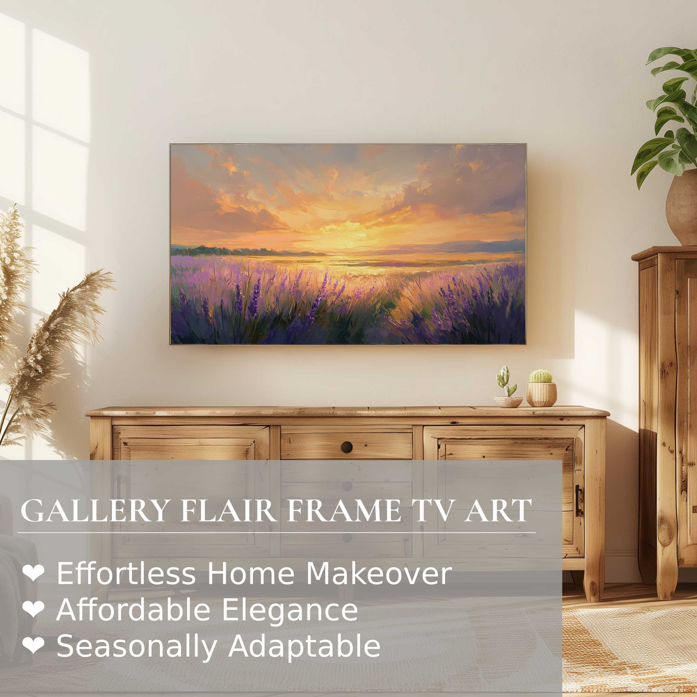 Modern Samsung Frame TV displays a serene landscape digital artwork of a sunset lavender field in an elegant living space
