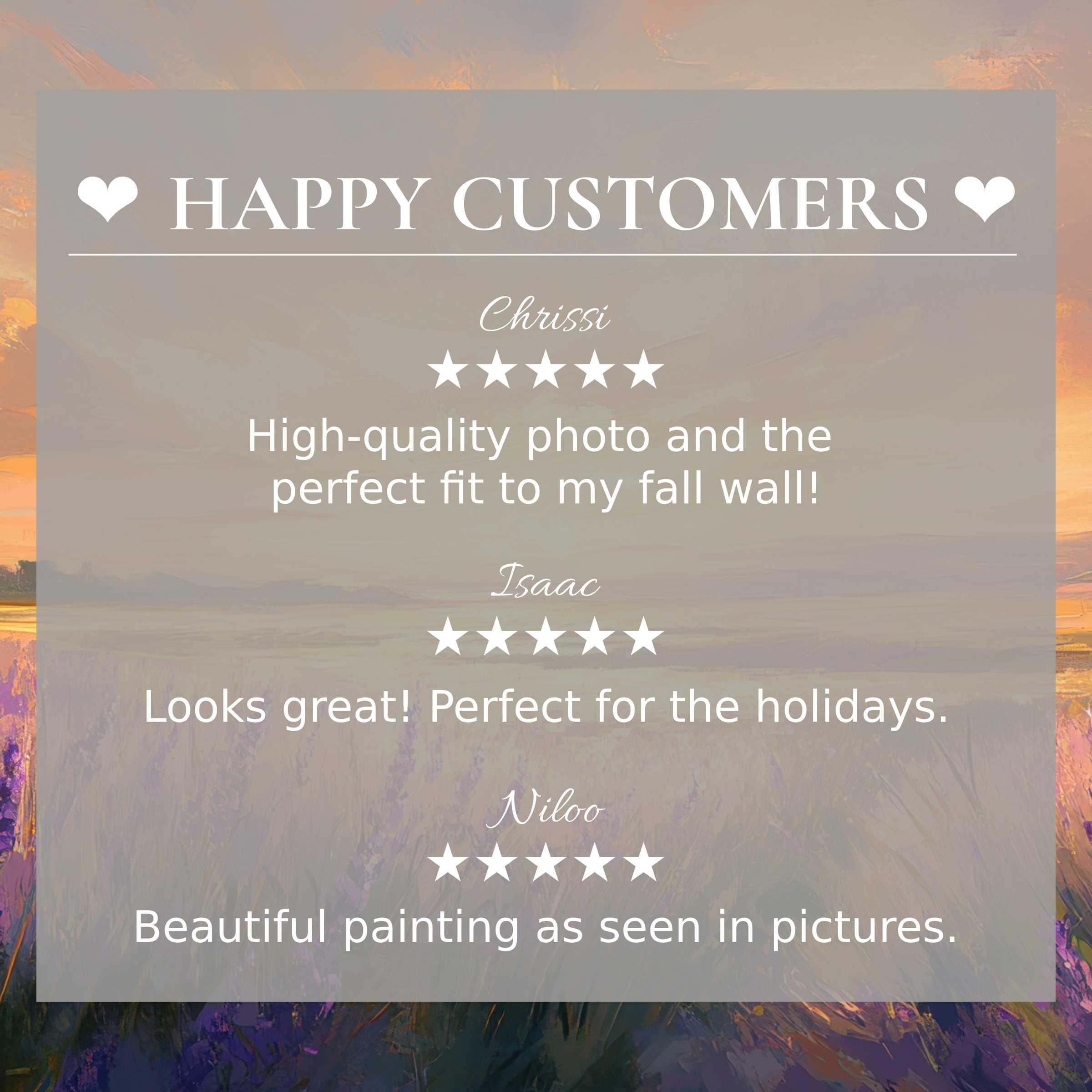 Refined landscape art for Frame TV with sunset hues, showcasing happy customer reviews and an elegant, trustworthy layout