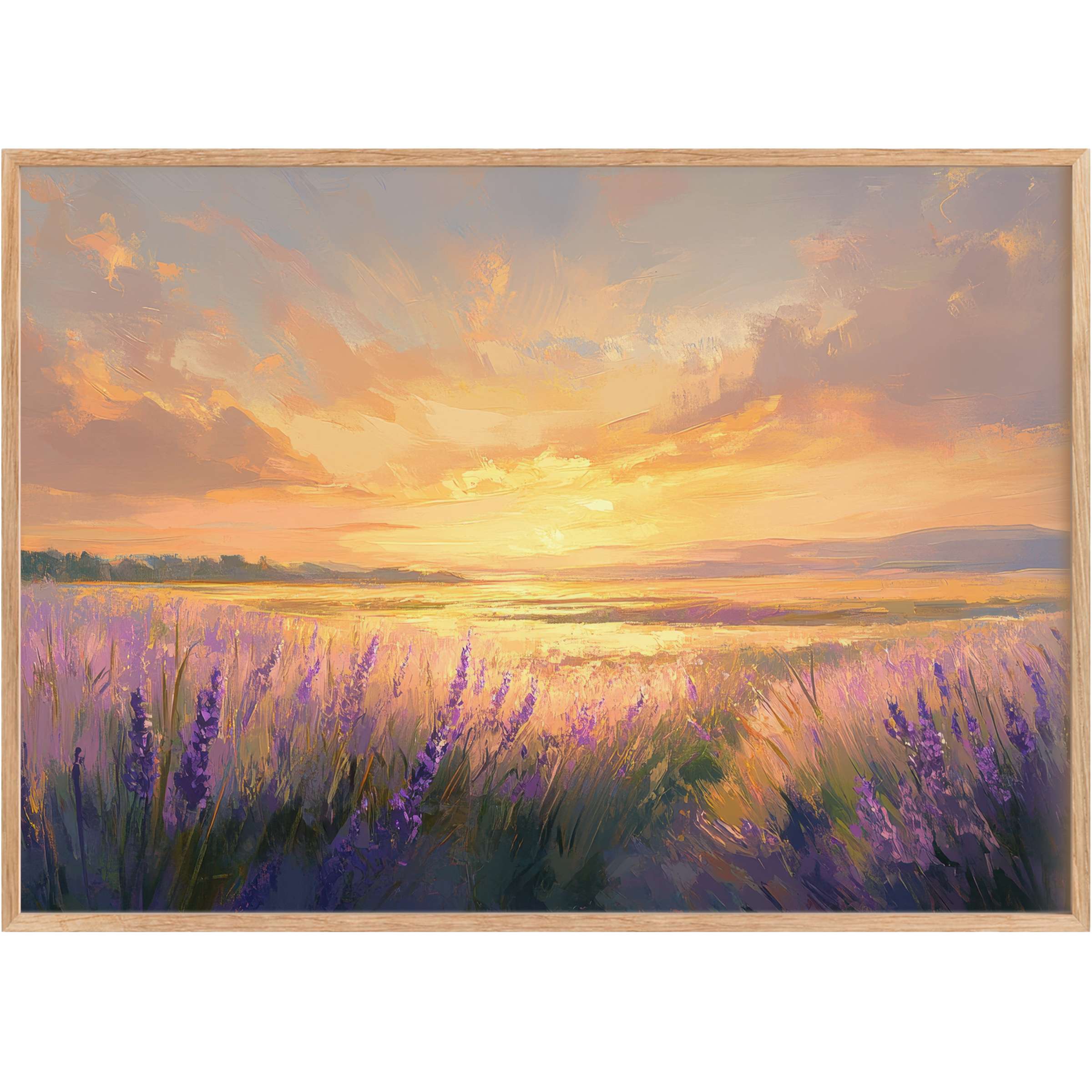 Radiant landscape printable wall art featuring golden sunset hues and soft purple blooms, elevating serene, elegant interiors