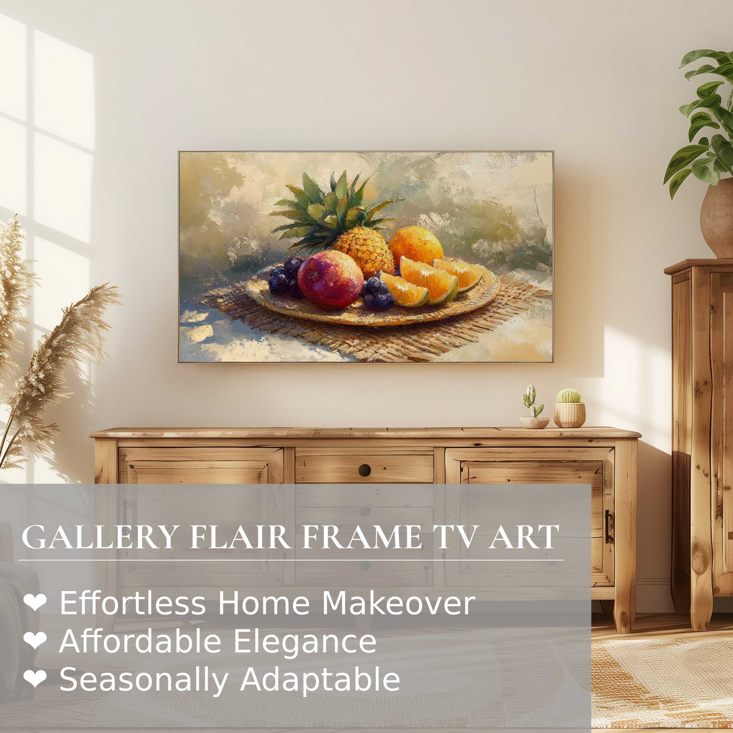 Samsung Frame TV displaying a refined beach digital artwork, blending coastal charm with elegant modern decor