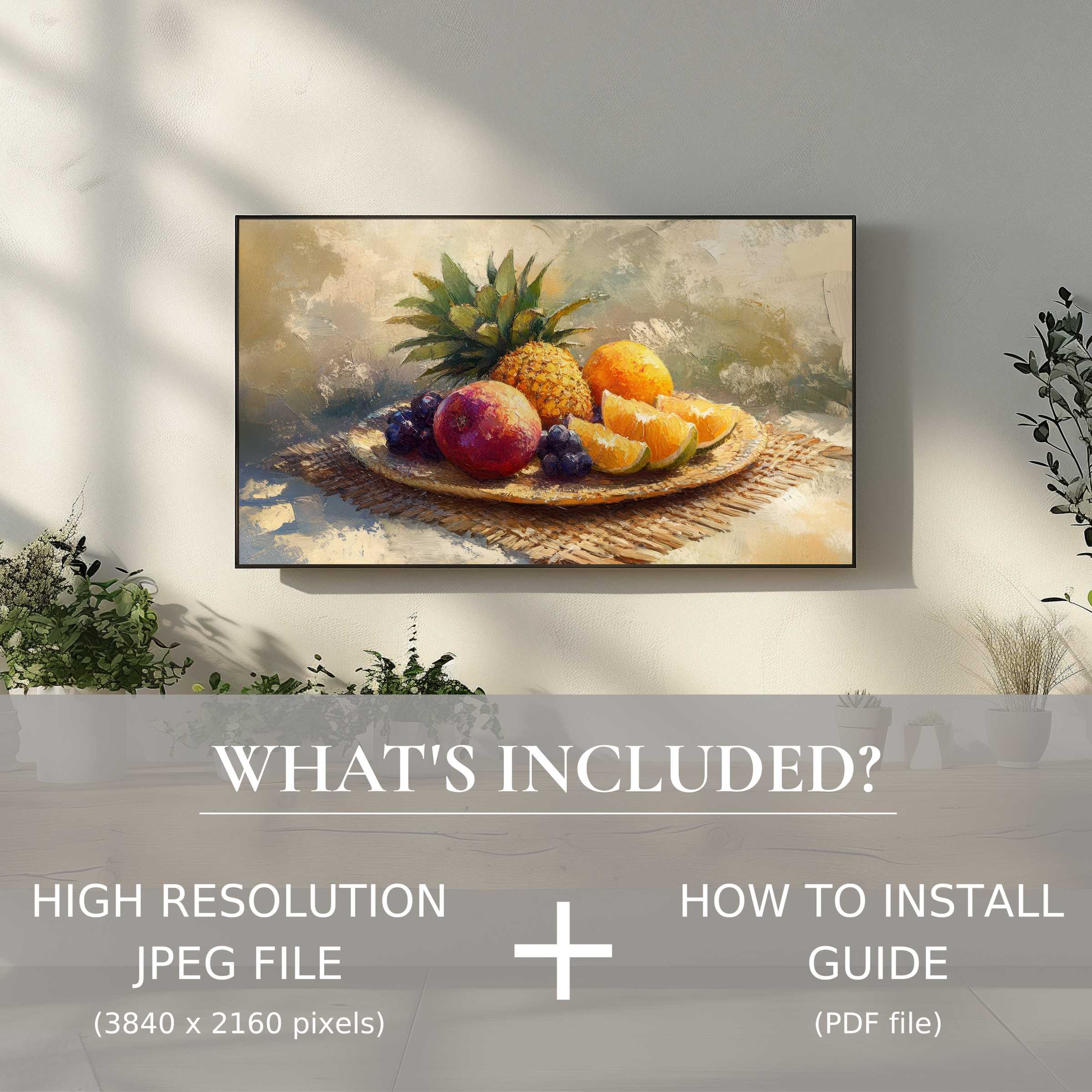 Elegant beach digital TV art download featuring vibrant fruit still life, enhancing your space with effortless digital charm