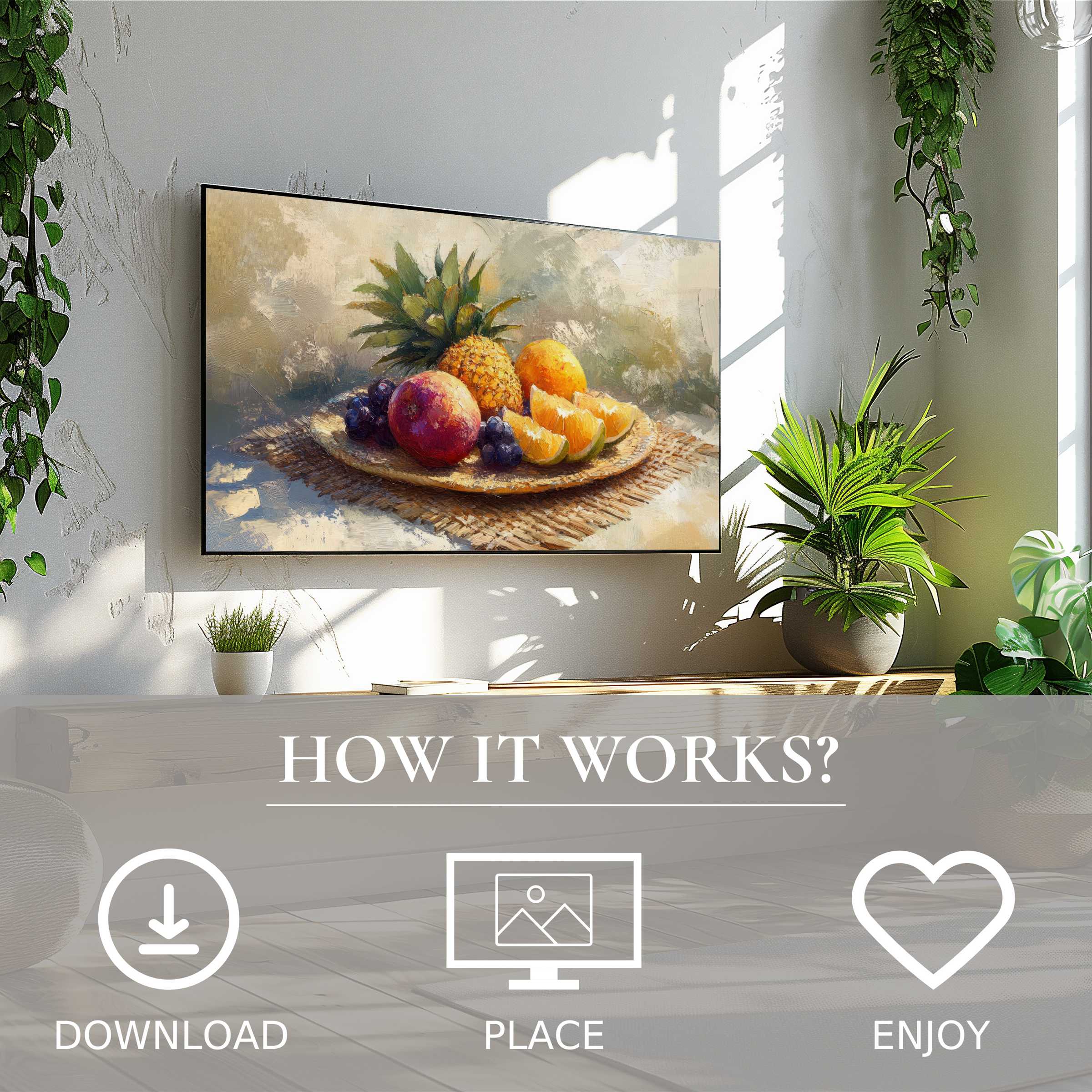 Bright modern room with easy digital download beach art for Samsung TV, featuring warm tropical fruit tones