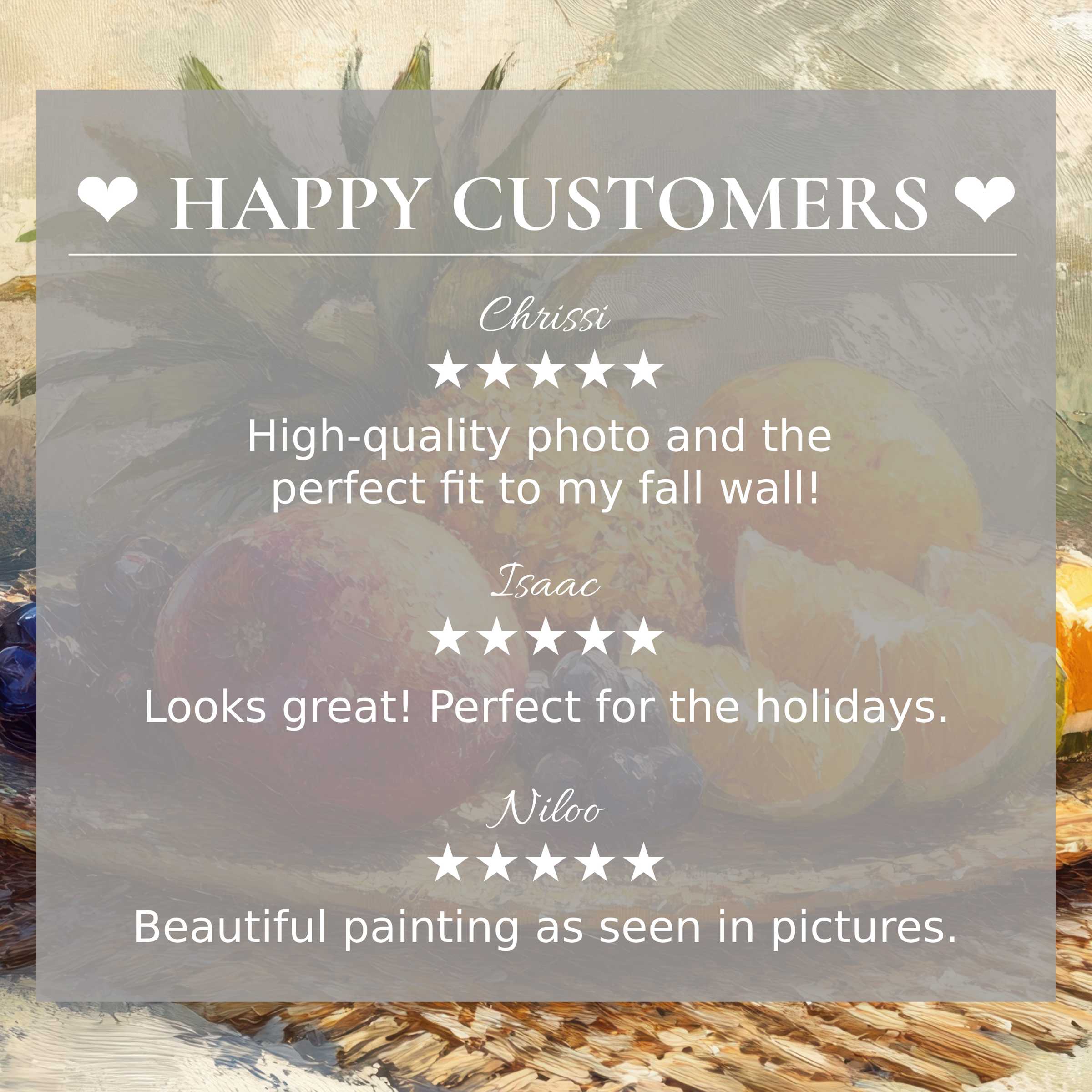 Trustworthy layout with happy customer reviews over textured beach art for Frame TV featuring warm, abstract sunset tones