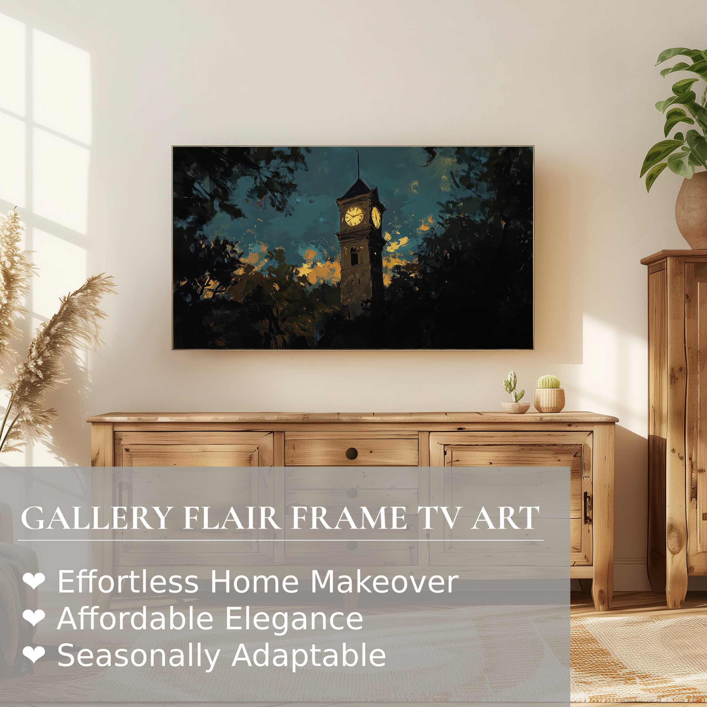 Samsung Frame TV showcases moody urban digital artwork of a dusk clock tower, perfect for refined home decor